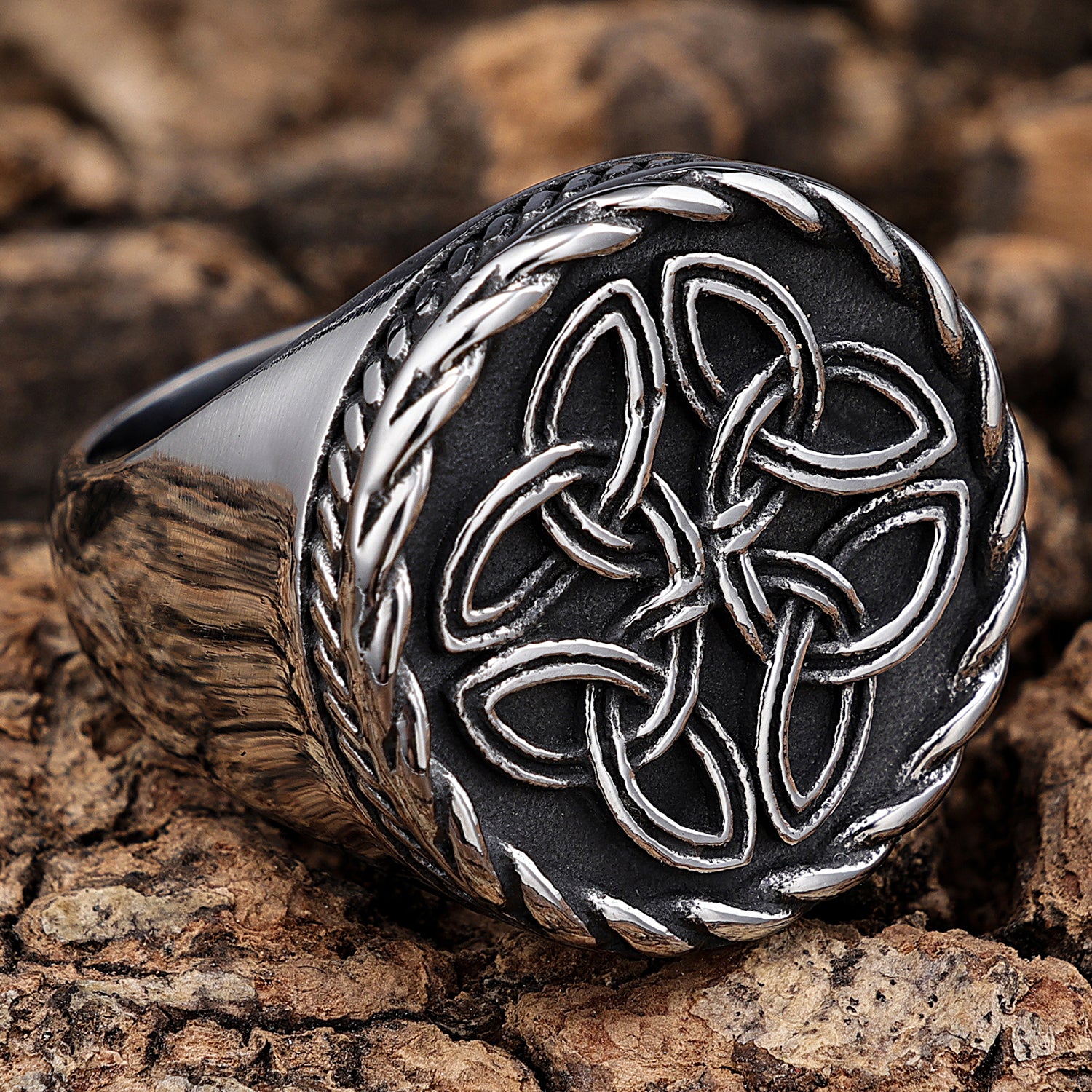 Celtic Quad Knot in Rope Trimmed Circle Ring