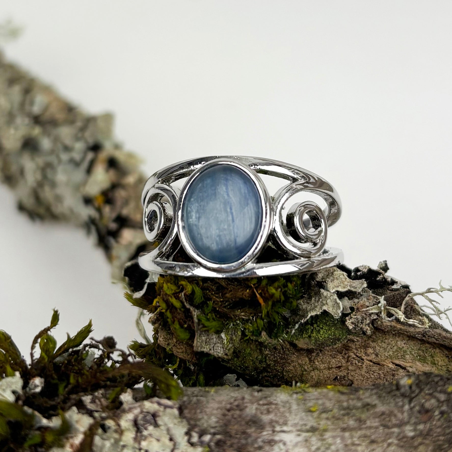 Kyanite Gemstone with Sterling Silver Swirl Goddess Ring