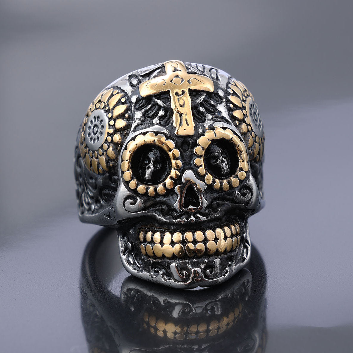 Gold and Silver Day of the Dead Skull Ring