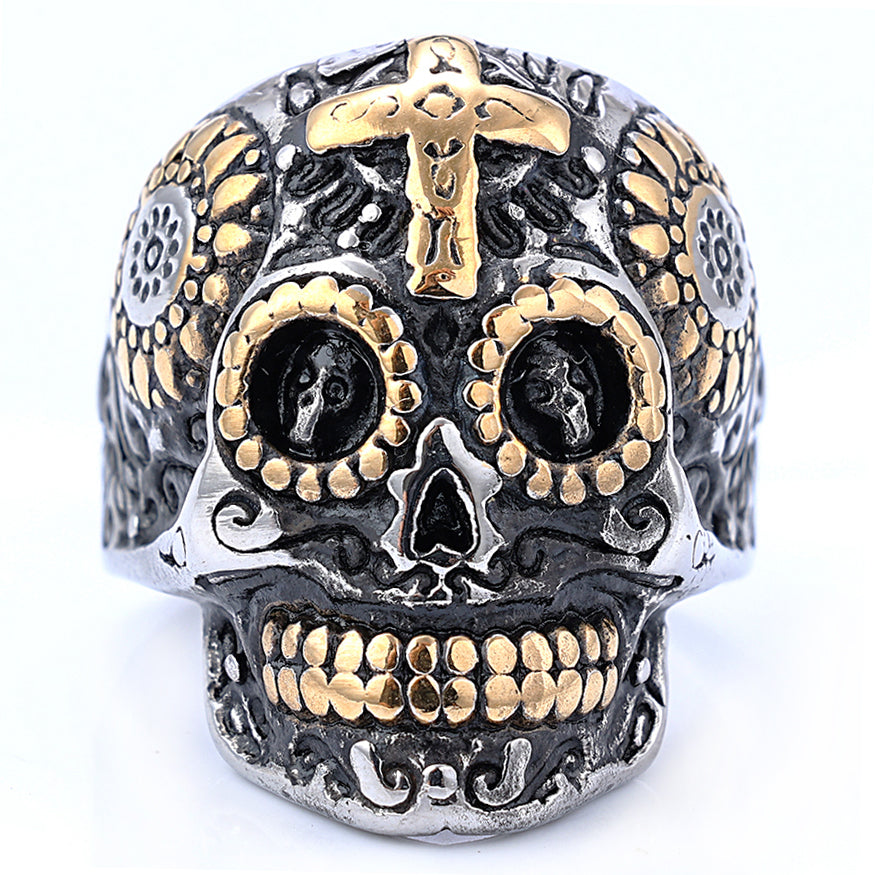 Gold and Silver Day of the Dead Skull Ring