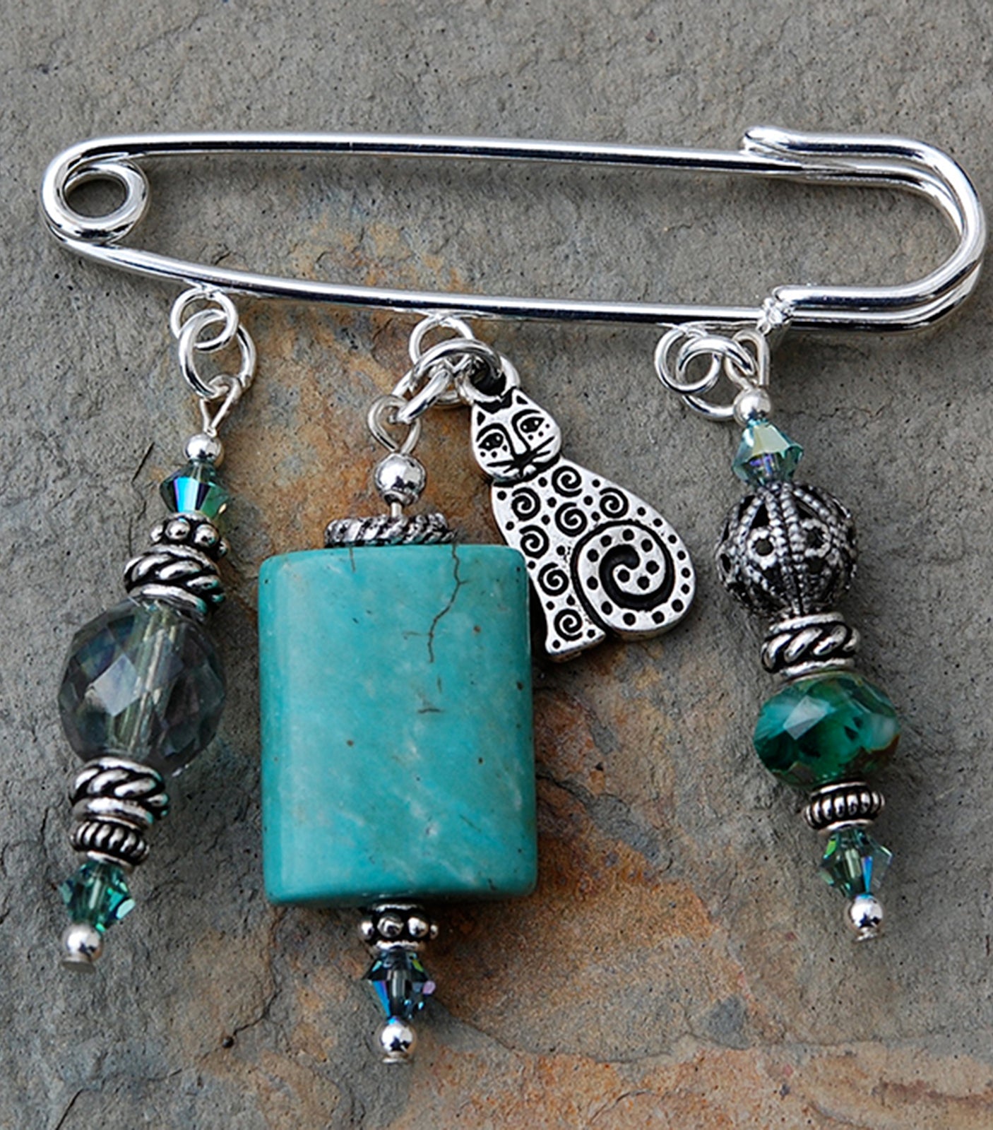 Turquoise and Celtic Cat Pin