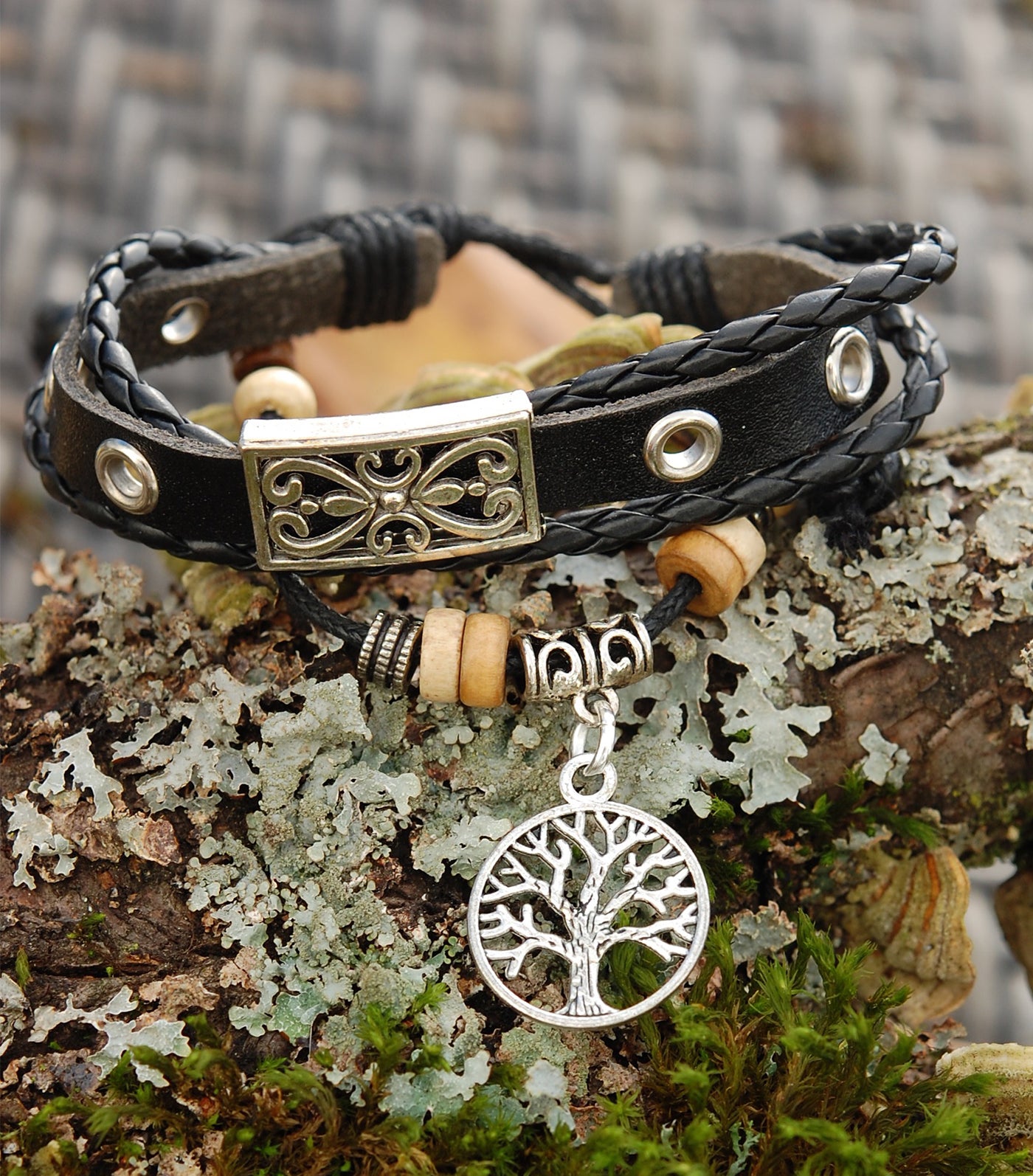 Black Leather Bracelet with Tree of Life