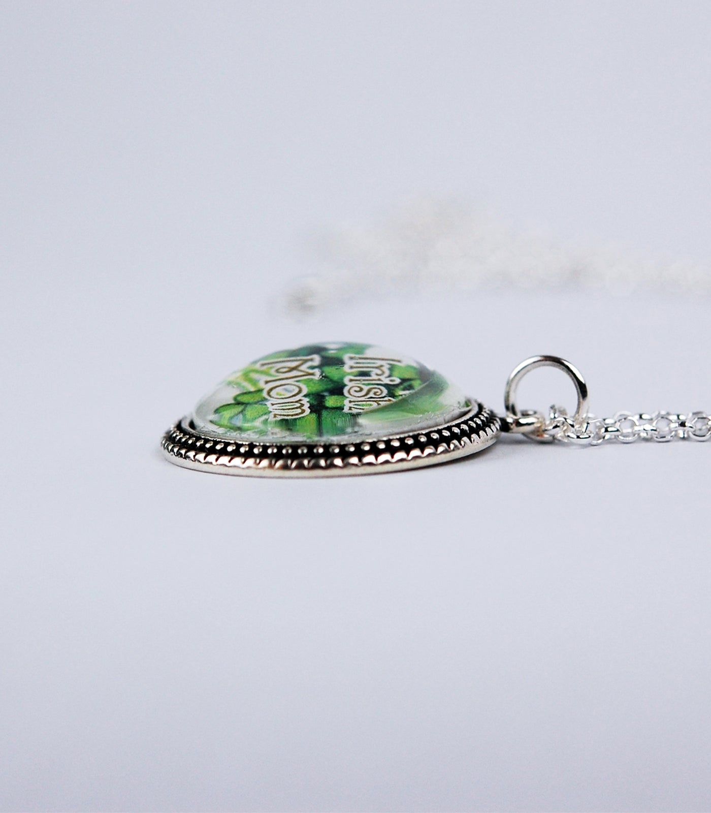 "Irish Mom" with Shamrocks in Beaded Bezel Pendant