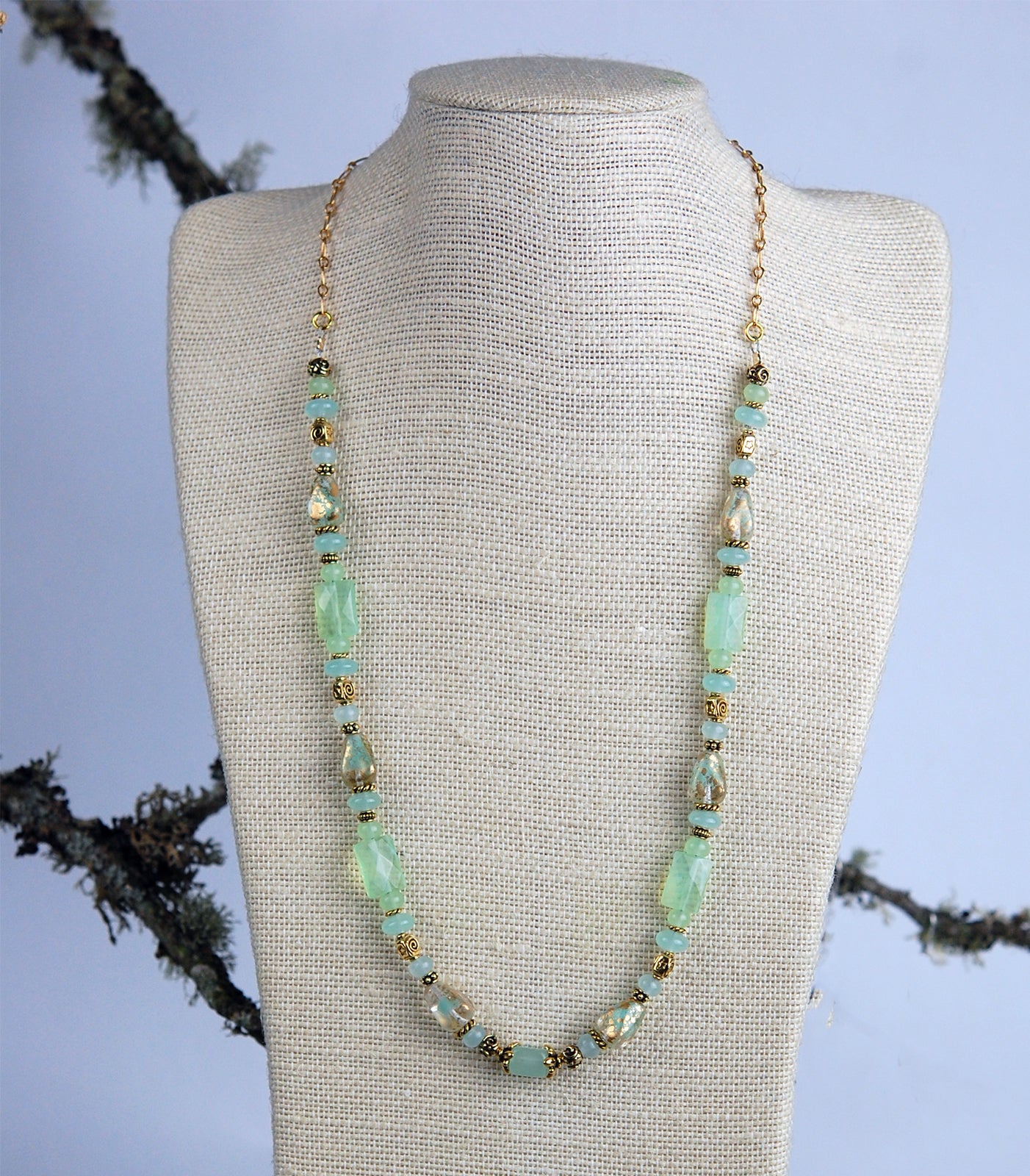 Soft Teal Chalcedony Gemstone and Celtic Spiral Necklace