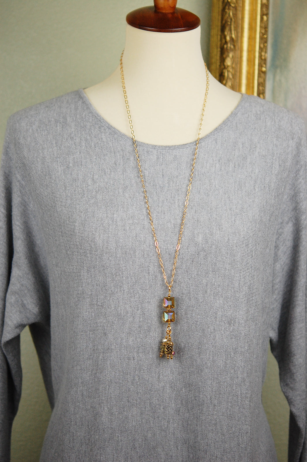 Long Elegant Double Square Crystal Pendant