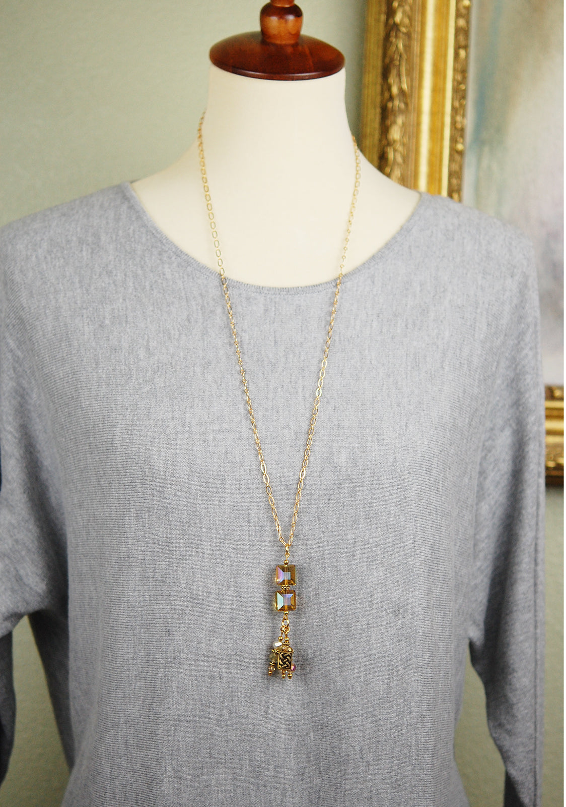 Long Elegant Double Square Crystal Pendant