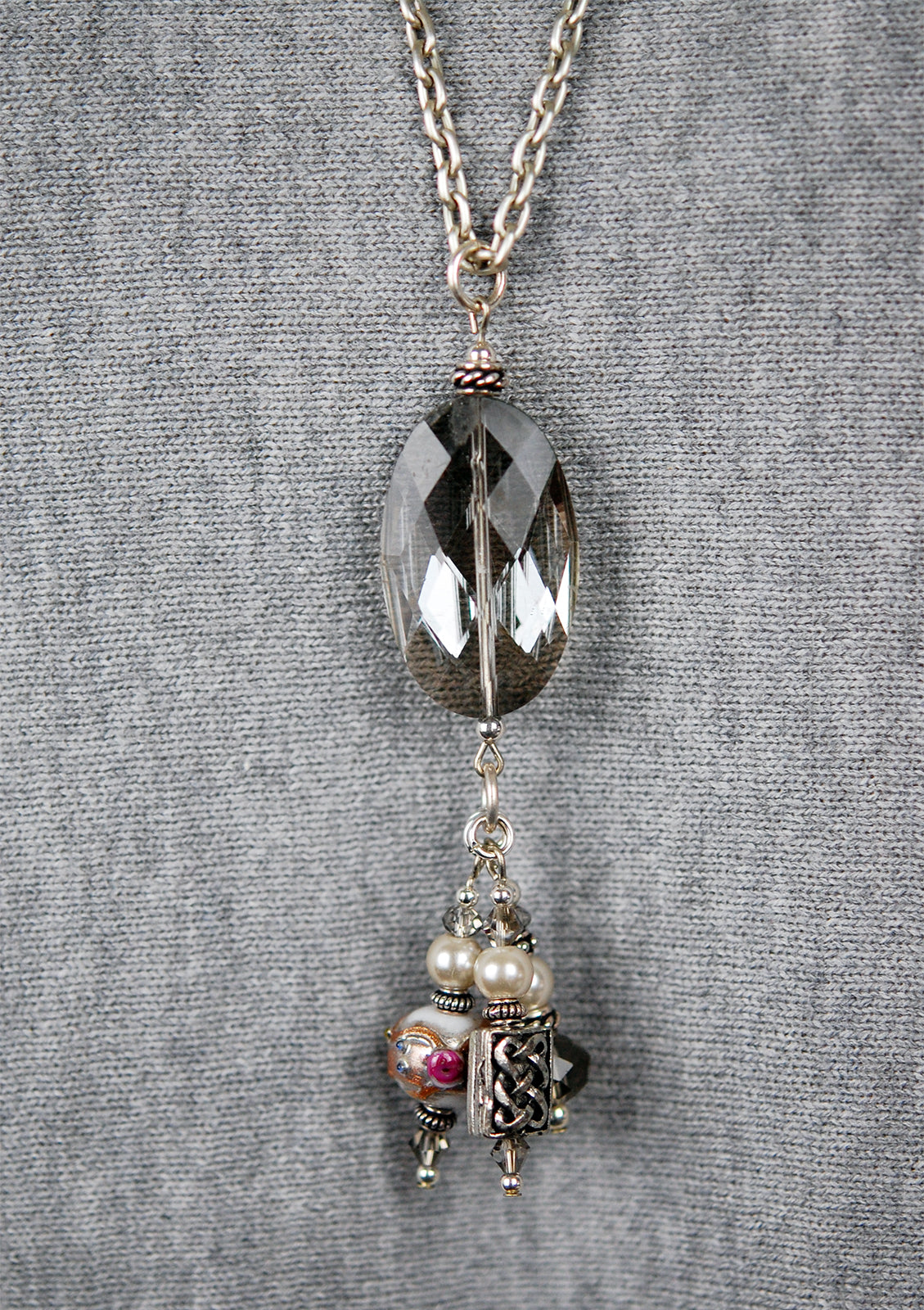 Dove Grey Oval Crystal Long Pendant
