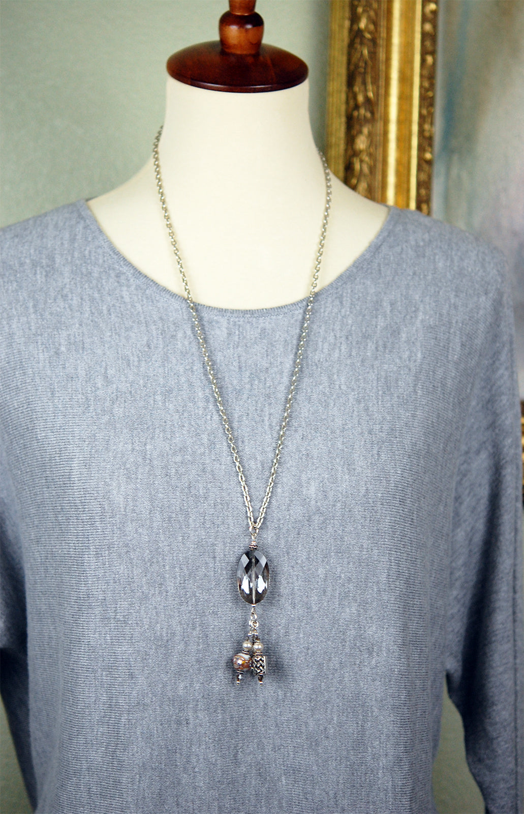 Dove Grey Oval Crystal Long Pendant