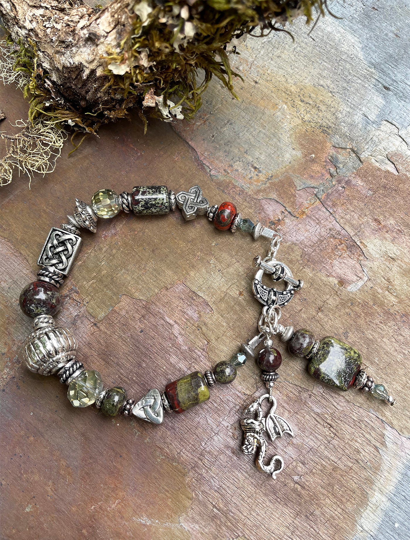 Celtic Dragons Jasper Bracelet with Celtic Knot and Barrel Beads