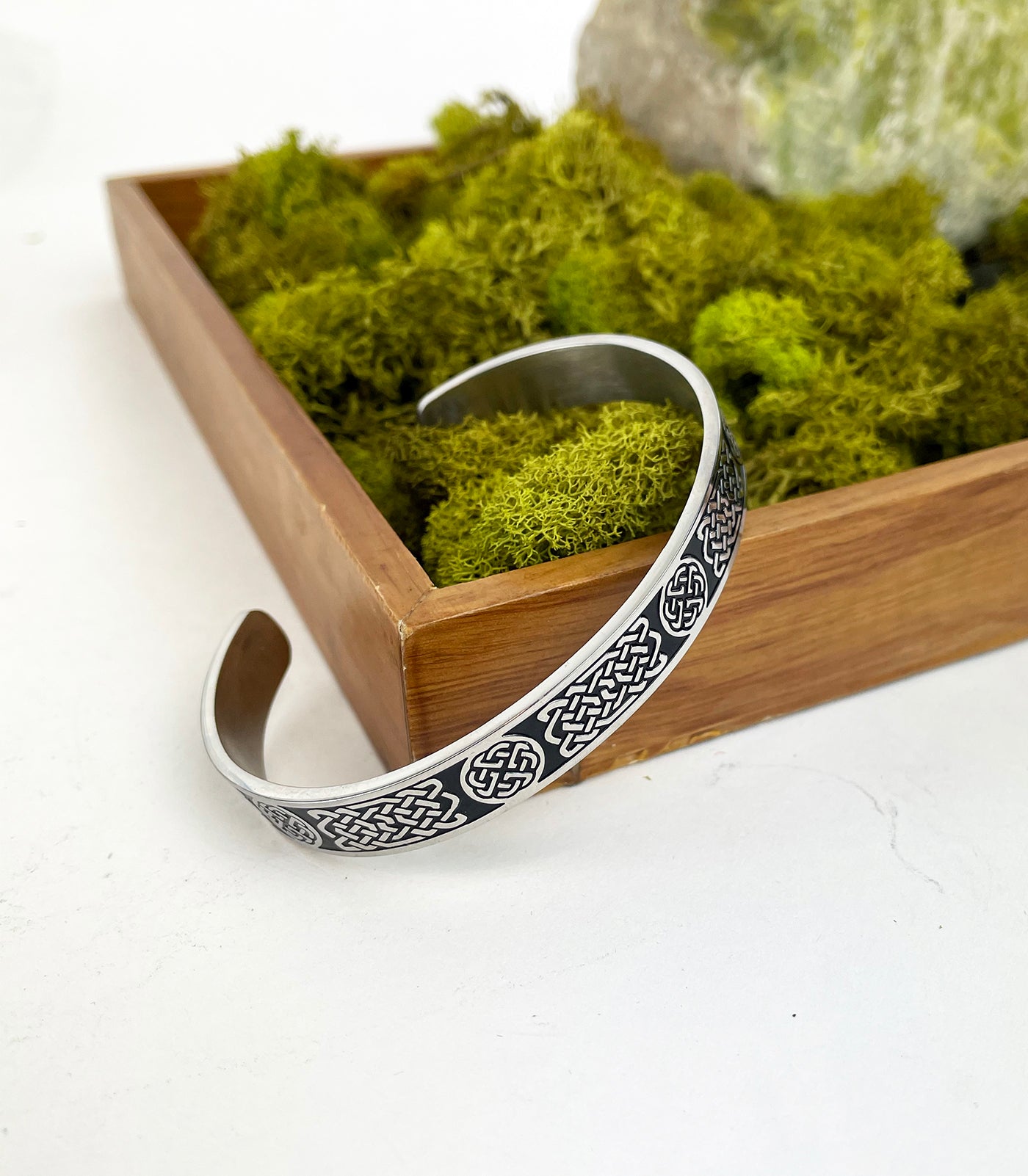Men's Stainless Steel Cuff Bracelet with Quad and Rectangle Celtic Knots