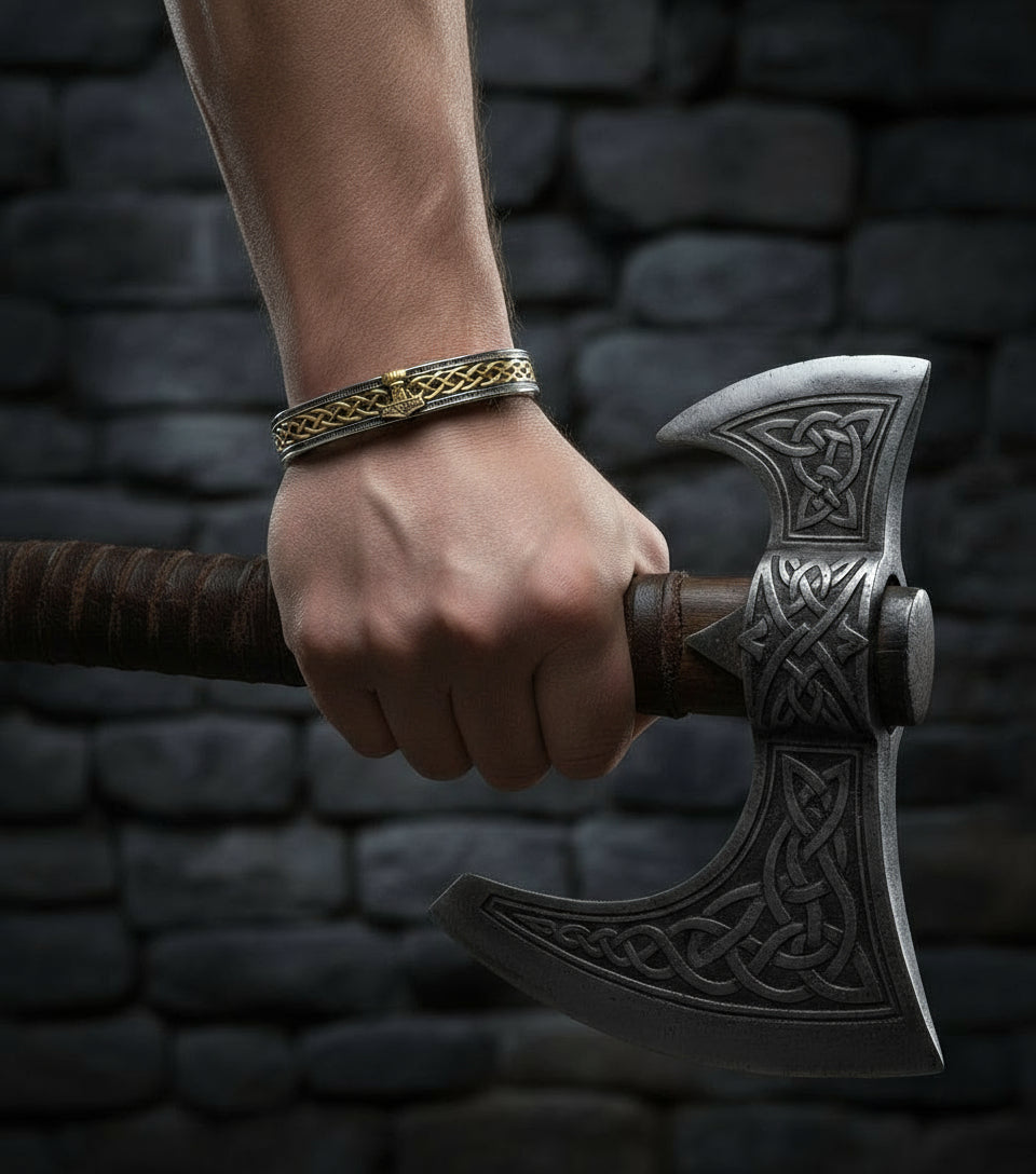 Men's Stainless Steel Cuff Bracelet with Thor's Hammer and Celtic Knot in Gold