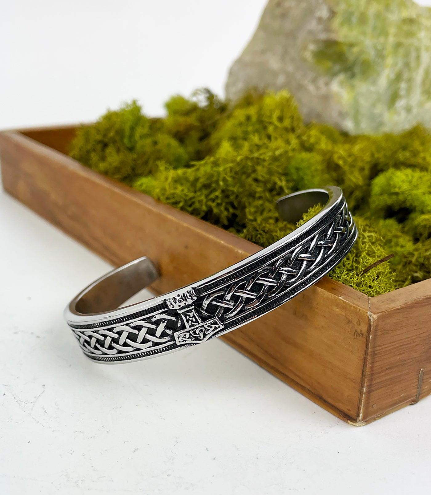 Men's Stainless Steel Cuff Bracelet with Thor's Hammer and Celtic Knot details