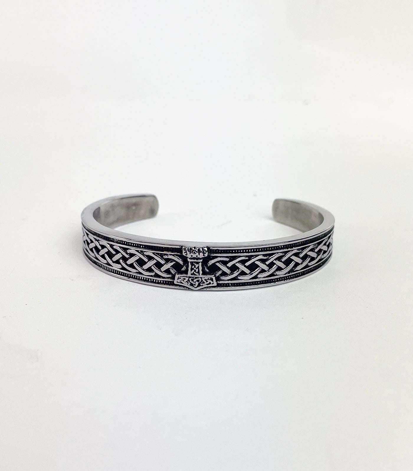 Men's Stainless Steel Cuff Bracelet with Thor's Hammer and Celtic Knot details