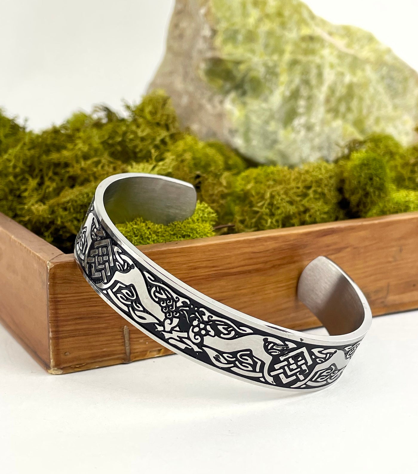 Men's Stainless Steel Cuff Bracelet with Celtic Wolfhounds