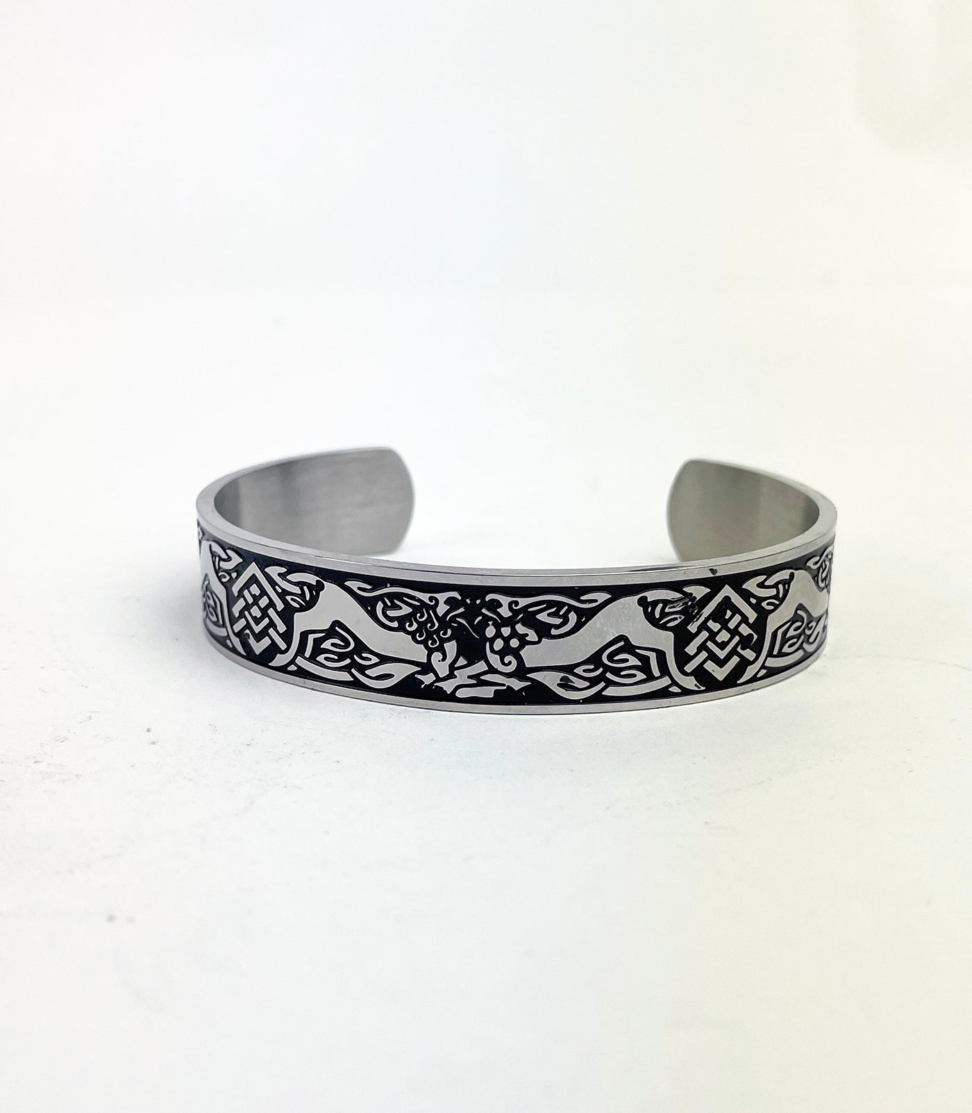 Men's Stainless Steel Cuff Bracelet with Celtic Wolfhounds
