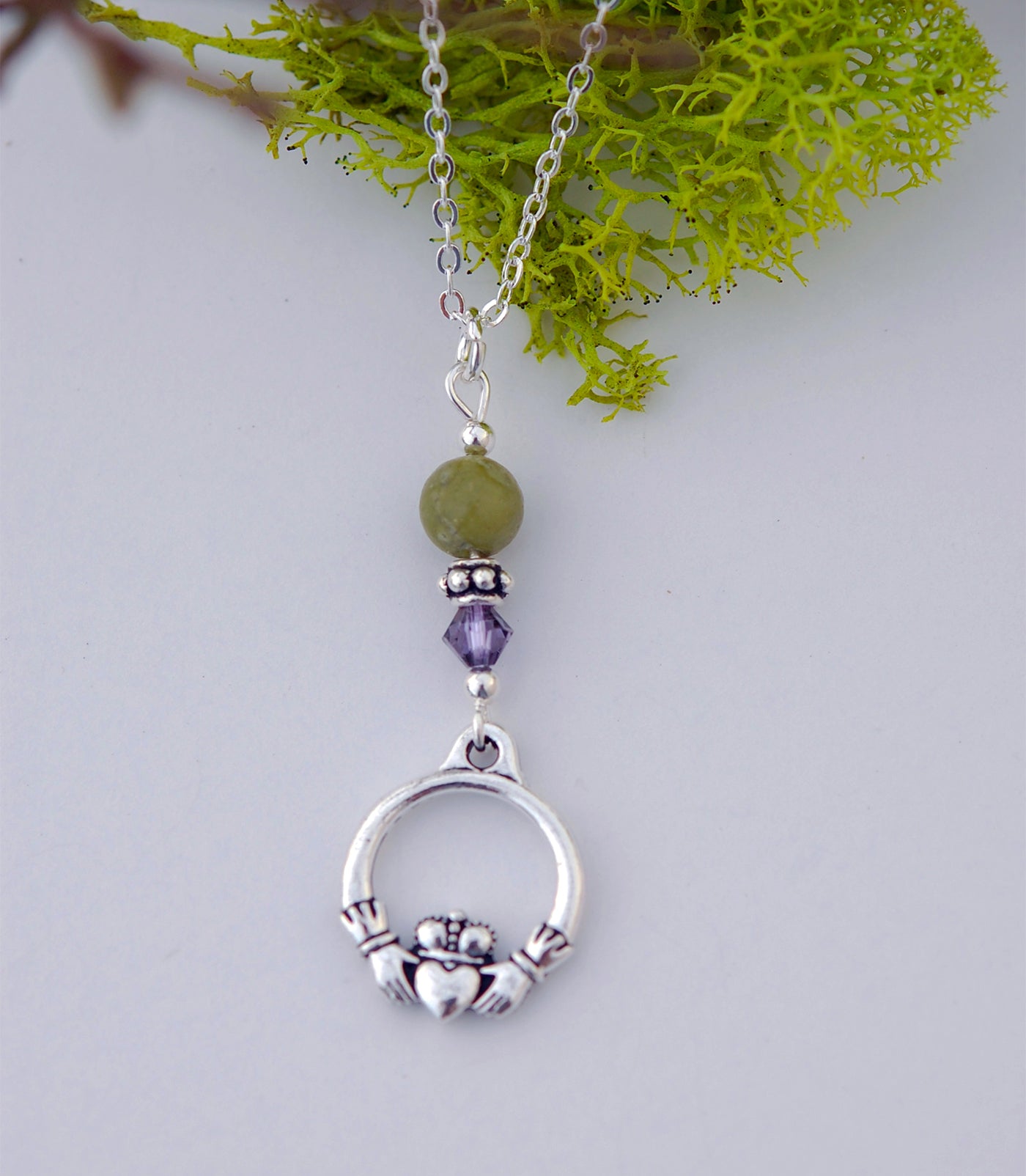 Connemara Marble and Lavender Crystal with Claddagh