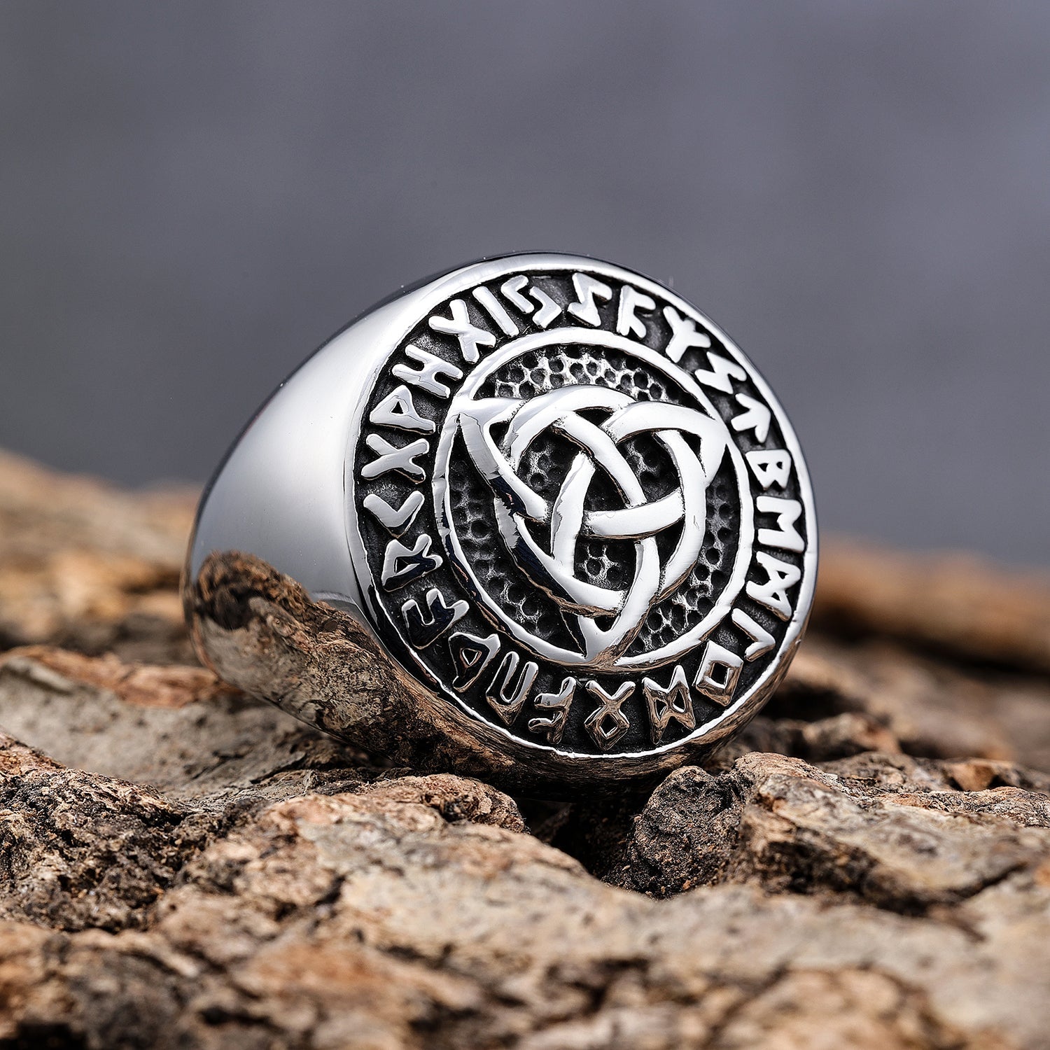 Trinity Knot with Runes Symbols Ring