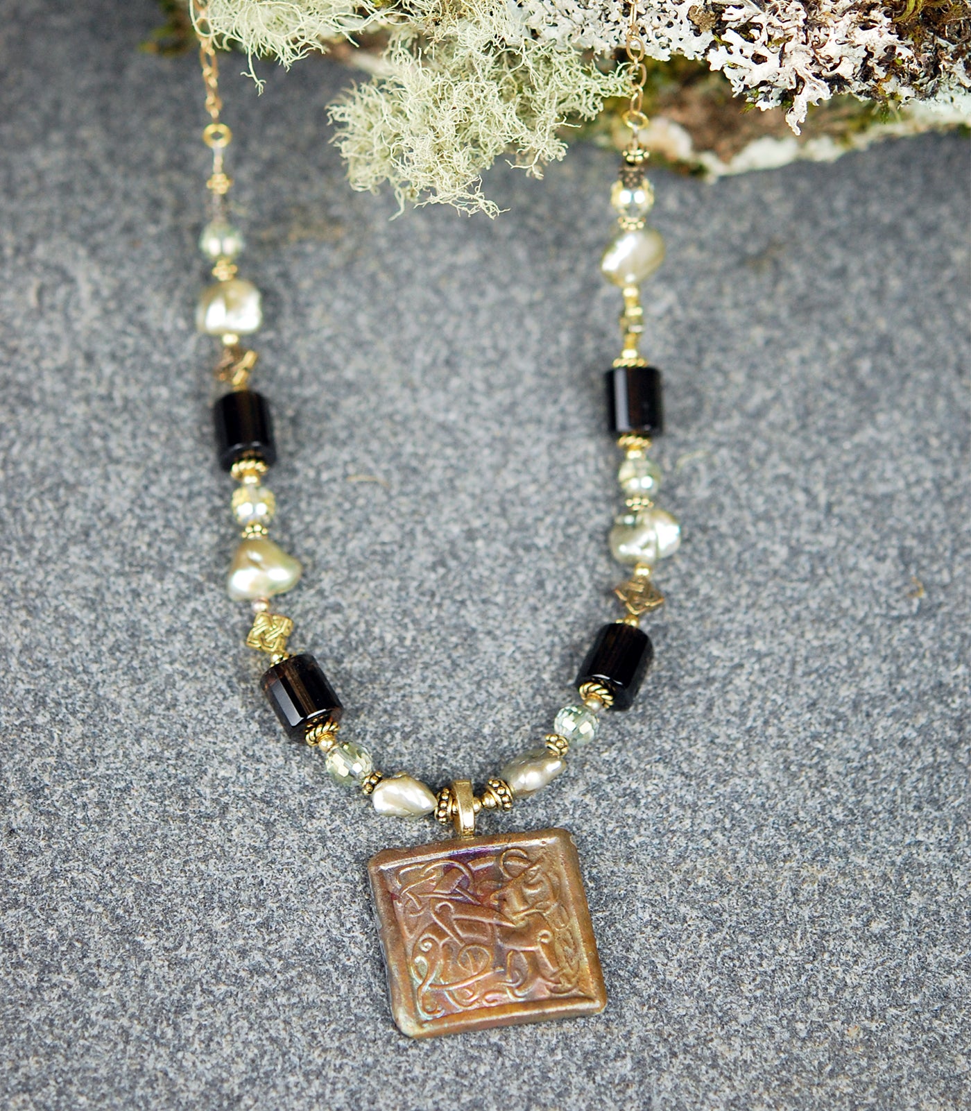 Smoky Quartz and Freshwater Pearls with Raku Celtic Symbol