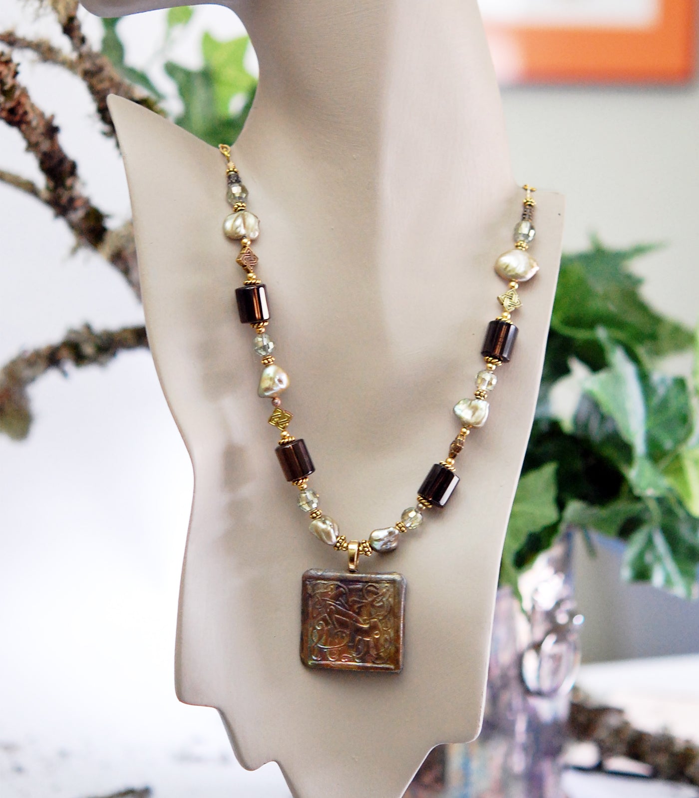 Smoky Quartz and Freshwater Pearls with Raku Celtic Symbol