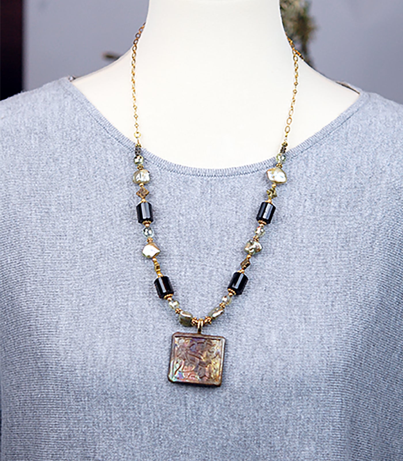 Smoky Quartz and Freshwater Pearls with Raku Celtic Symbol