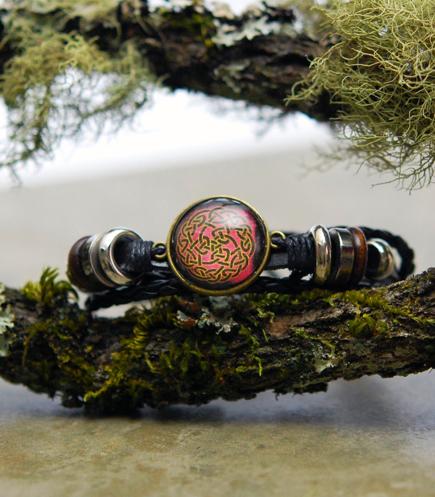 Sunset Red Celtic Knot Cabochon Leather Bracelet