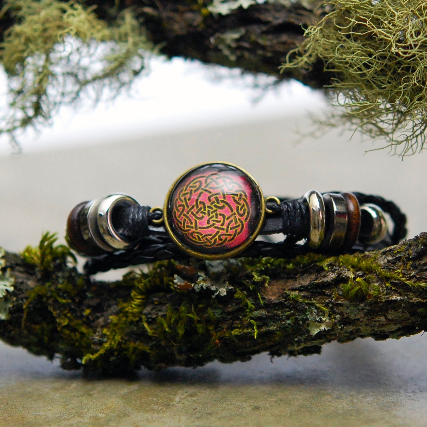 Sunset Red Celtic Knot Cabochon Leather Bracelet