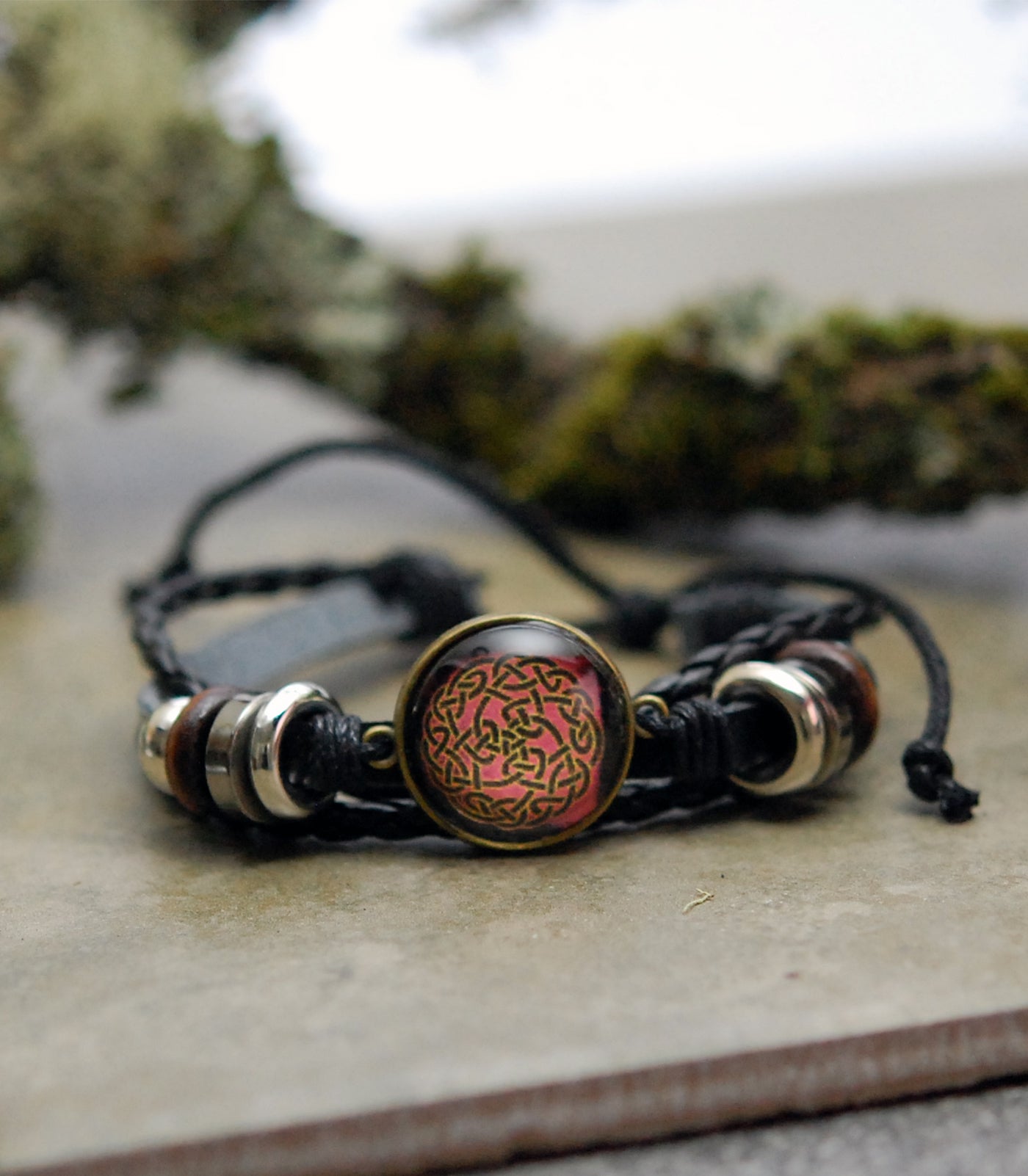Sunset Red Celtic Knot Cabochon Leather Bracelet