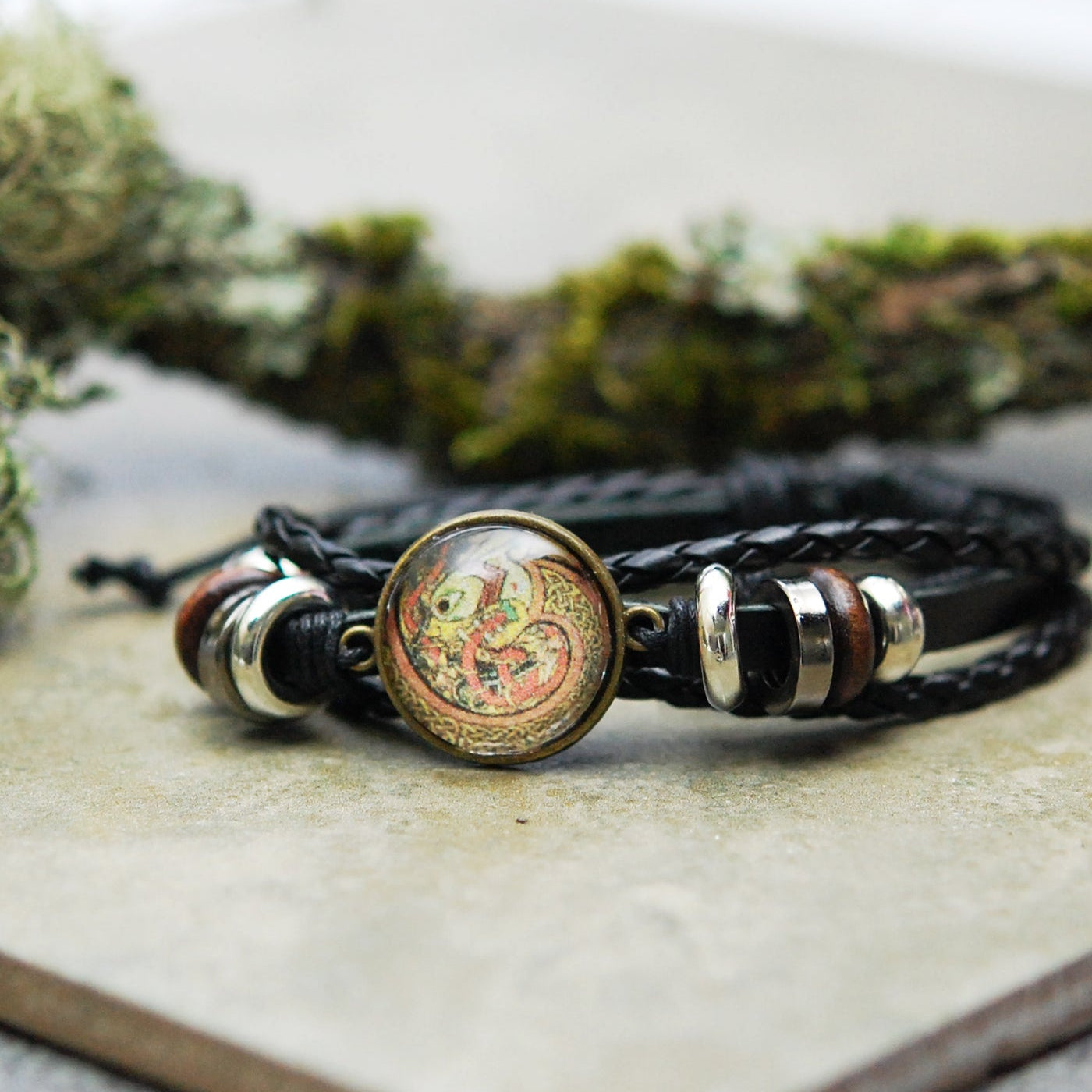 Coiled Celtic Dragon Cabochon Bracelet