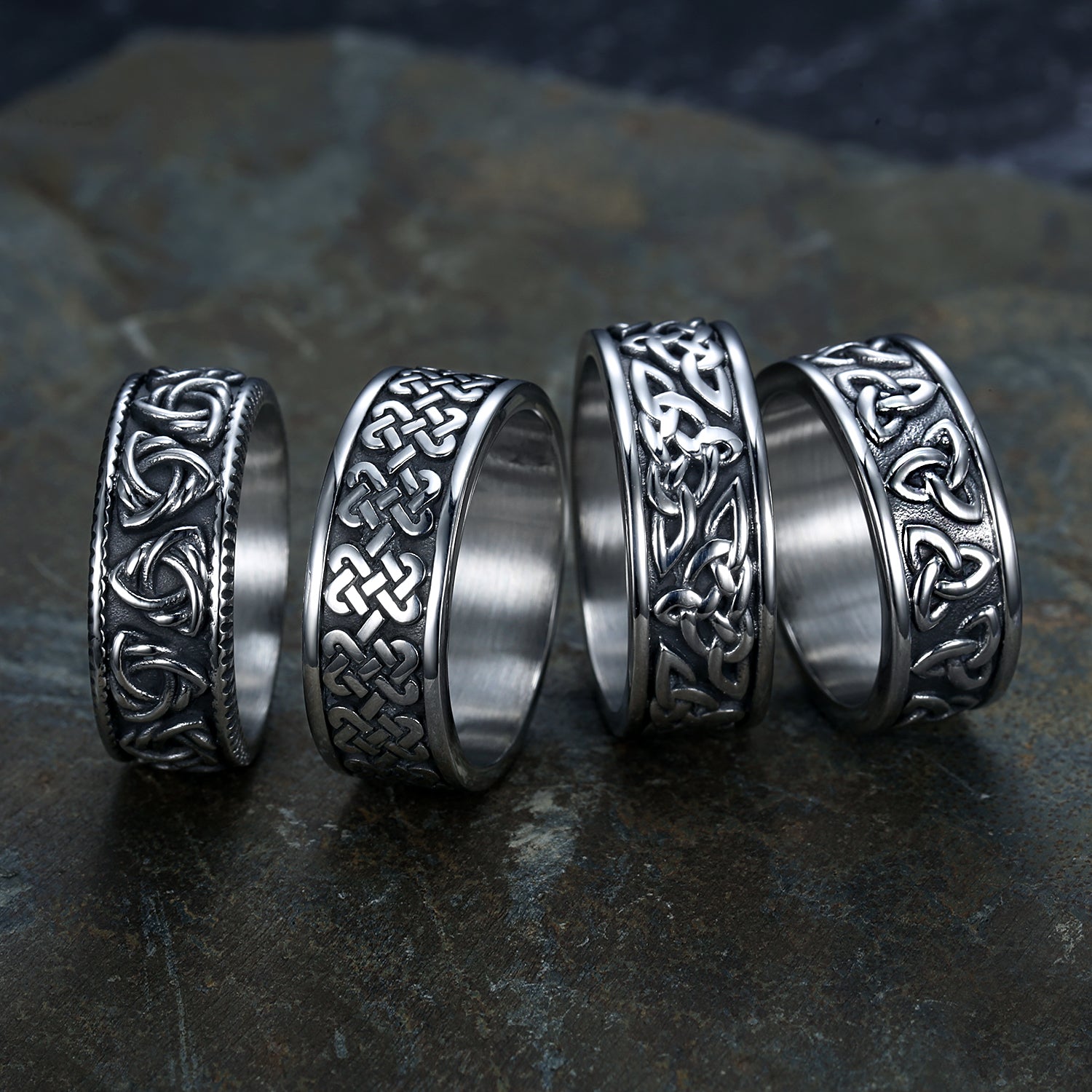 Stainless steel rings with Celtic knots.