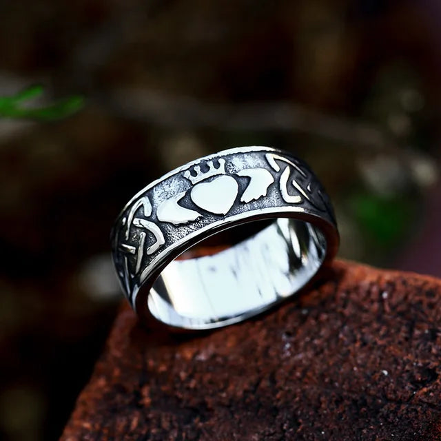 Wide Claddagh and Celtic Knot Ring Band