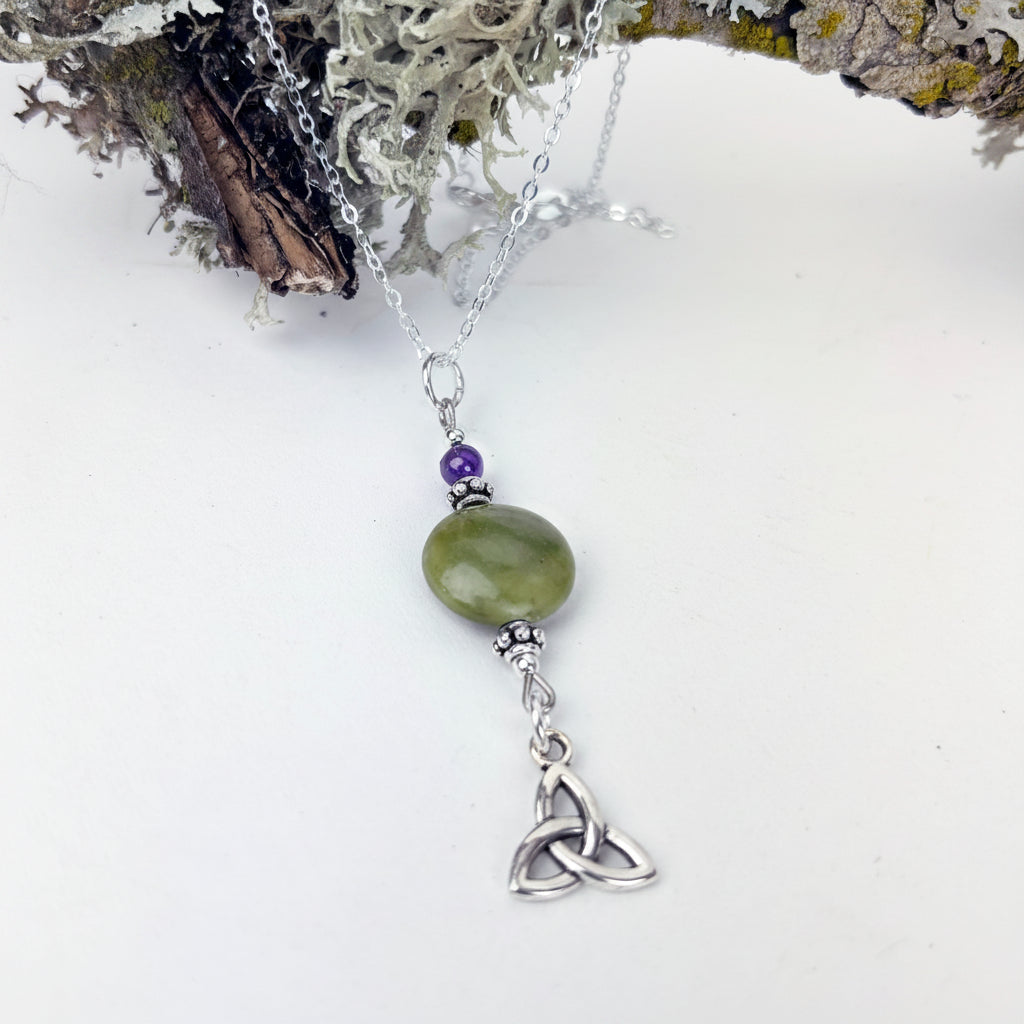 Round Connemara Marble and Amethyst Pendant with Trinity Knot