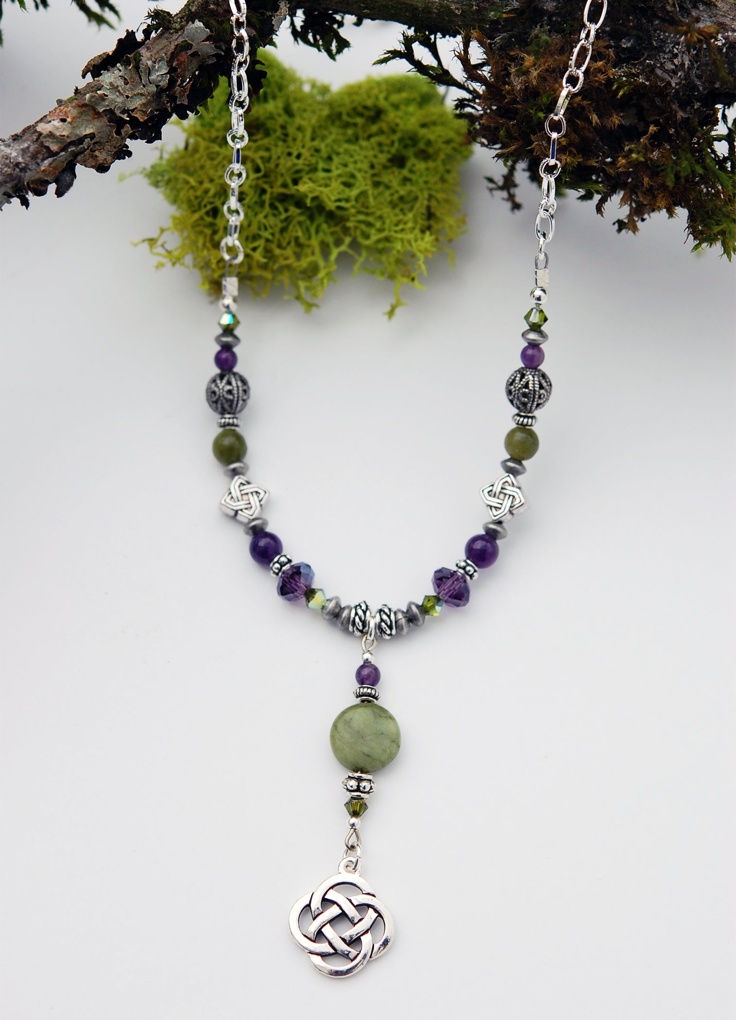 Connemara Marble and Amethyst Gemstone Round Open Celtic Knot Necklace