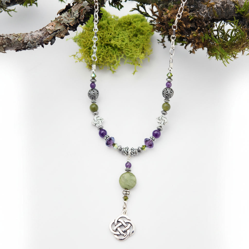Connemara Marble and Amethyst Gemstone Round Open Celtic Knot Necklace