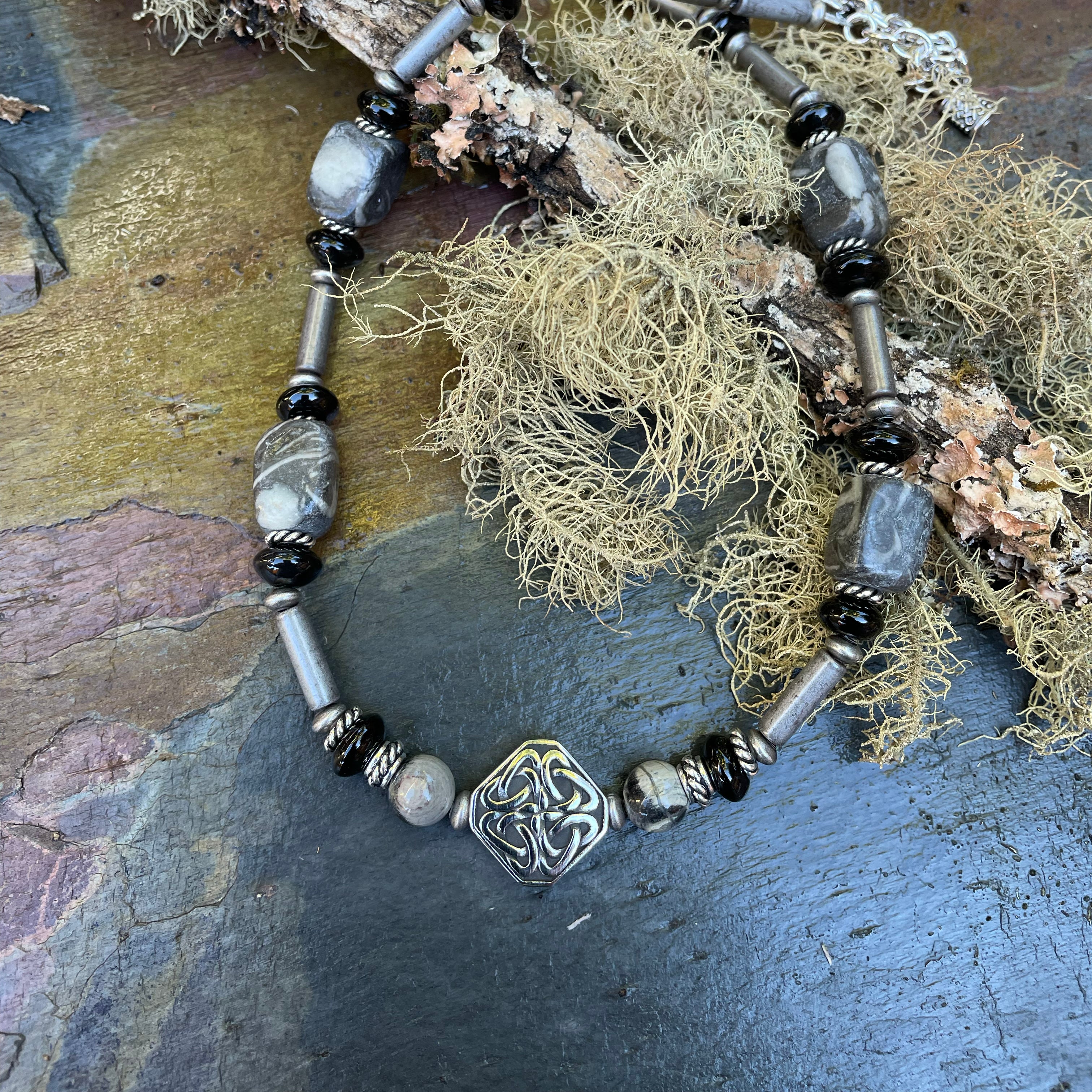 Black Onyx and Grey Stone Necklace