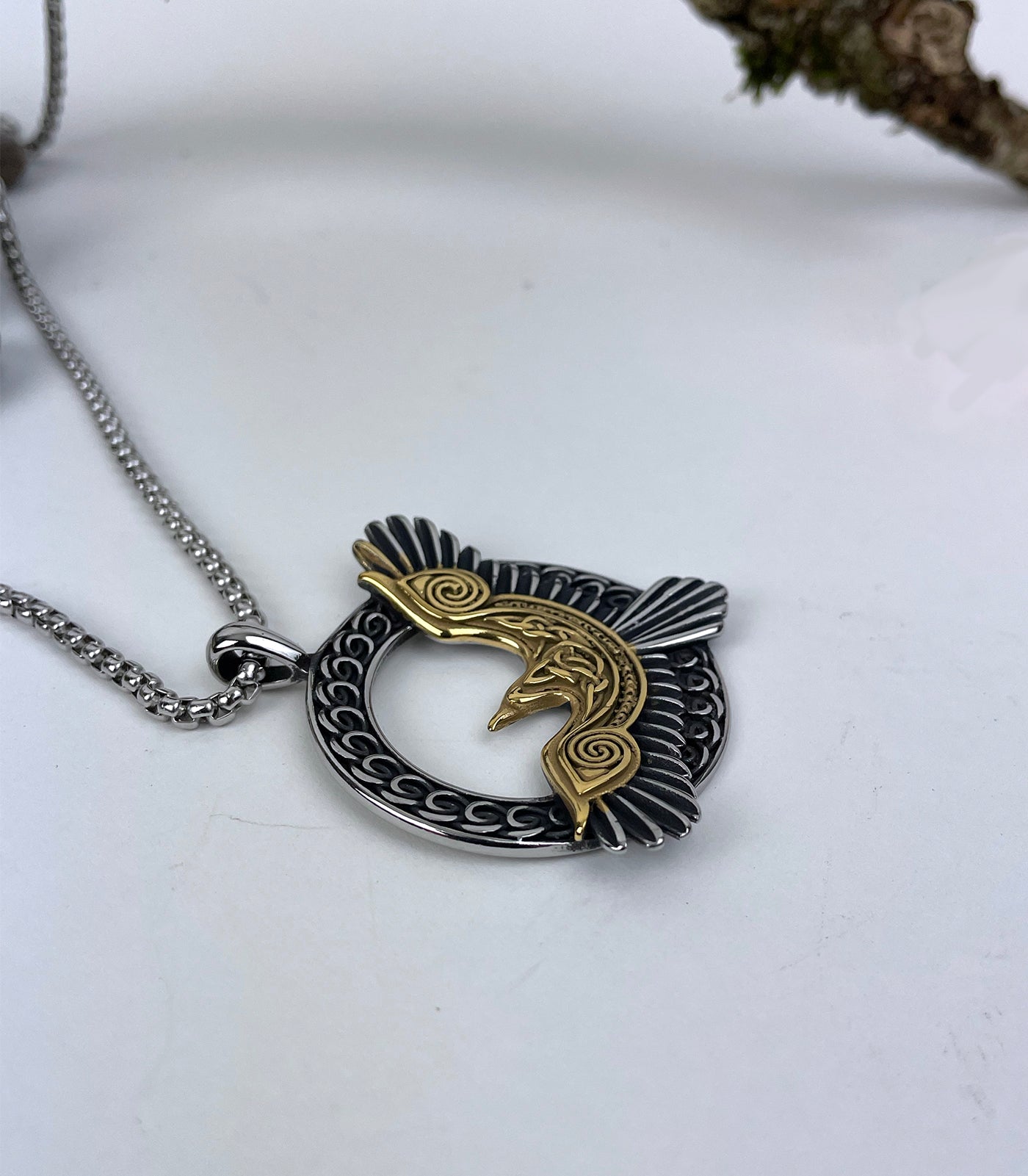 Mystical Golden Raven in Flight Stainless Steel Pendant