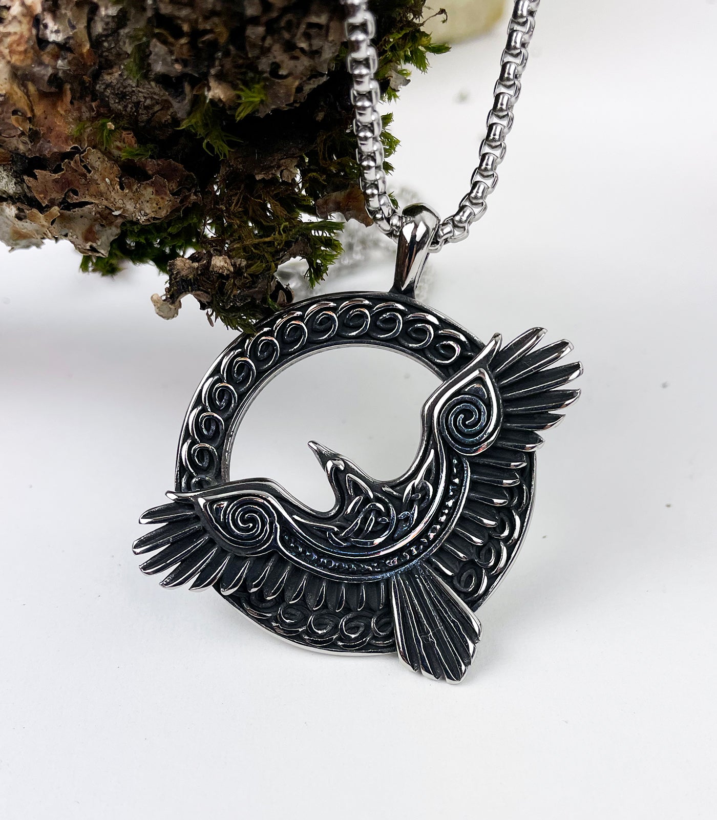 Mystical Raven in Flight Stainless Steel Pendant