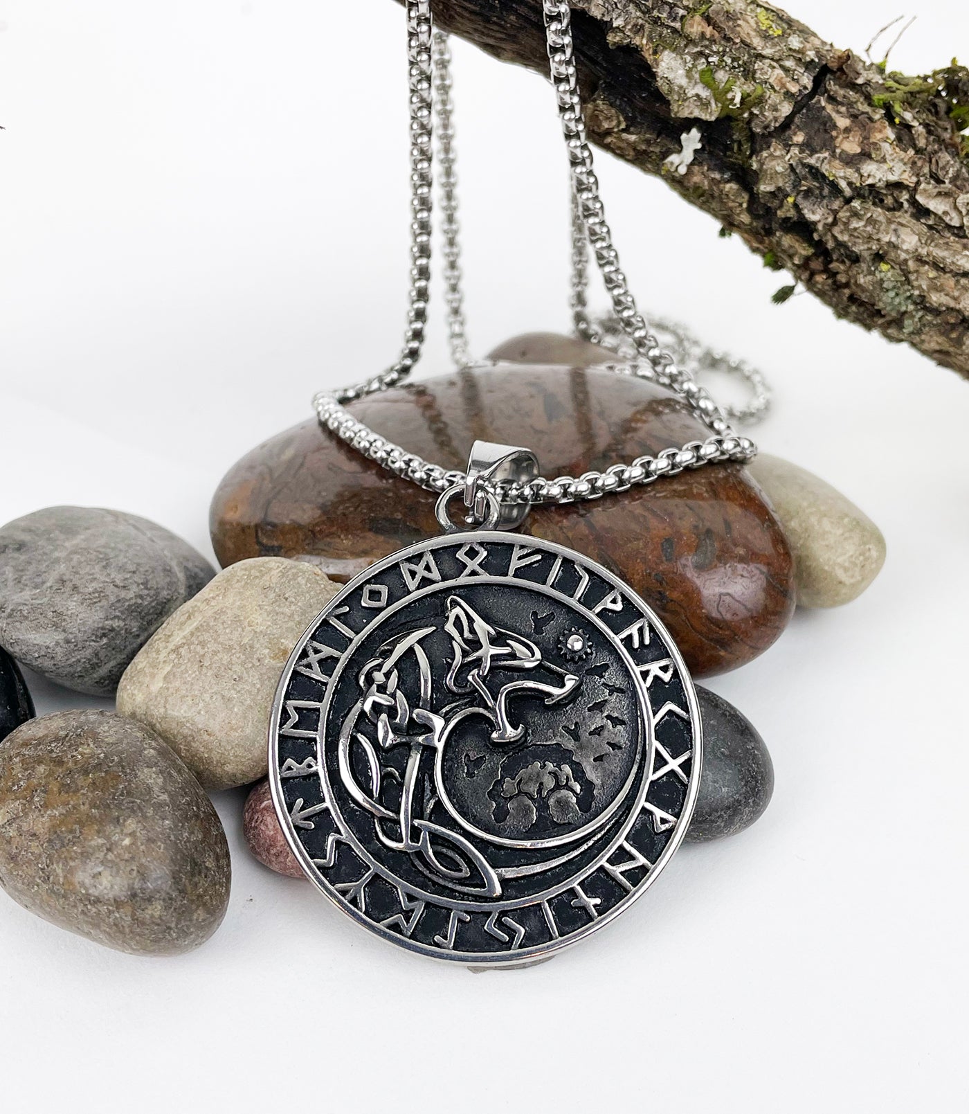 Wolfhound Wolf Encircled with Runes Stainless Steel Pendant