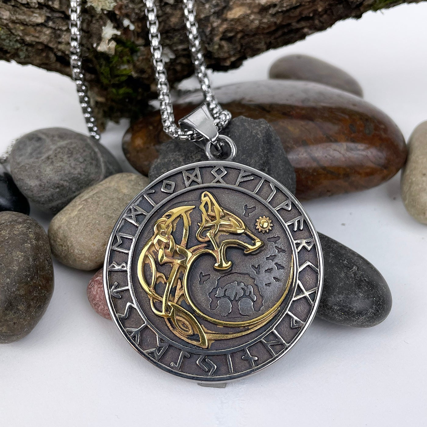 Wolfhound Wolf Encircled with Runes with Gold details Pendant
