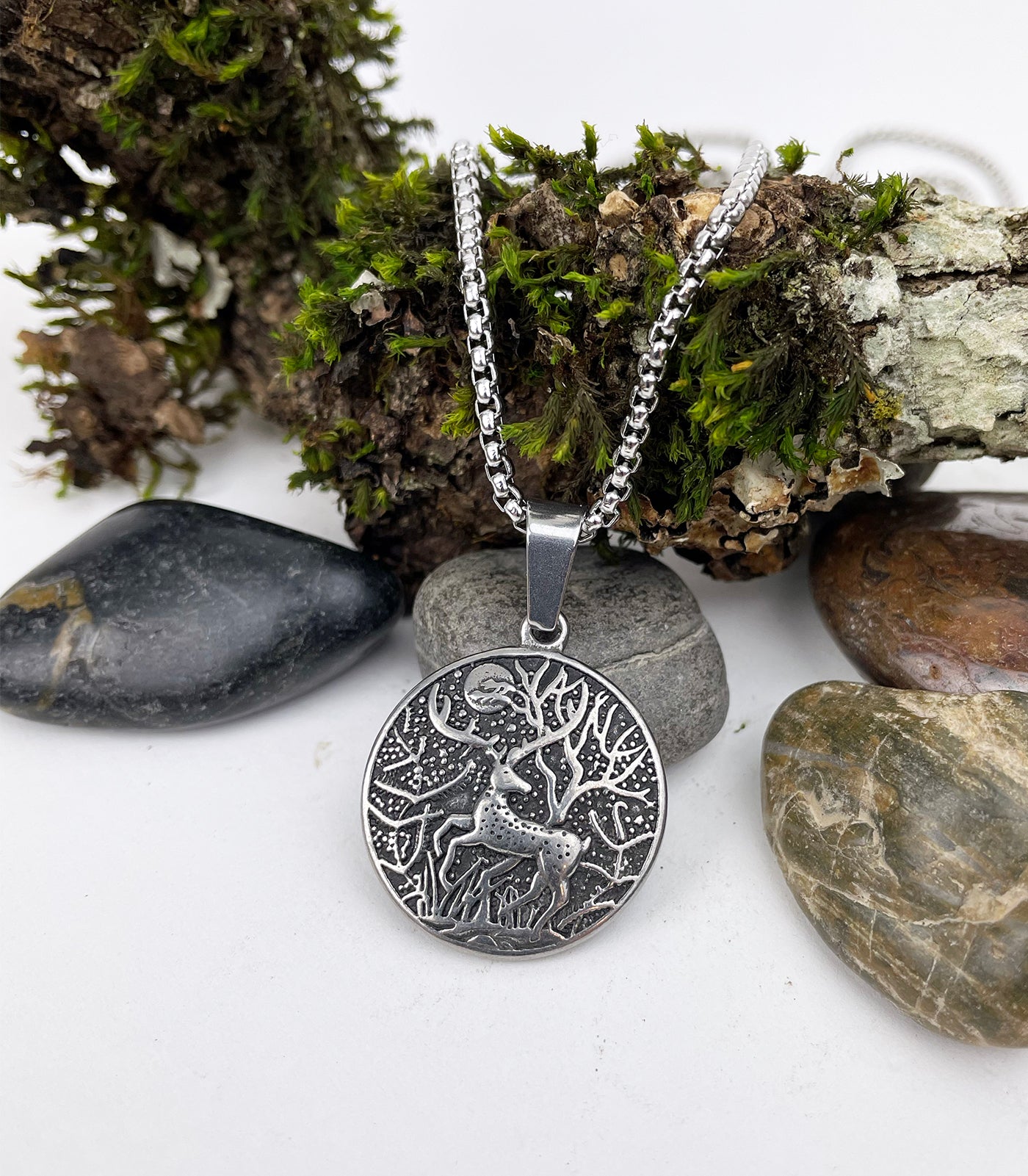 Celtic White Stag and Winter Moon Stainless Steel Pendant