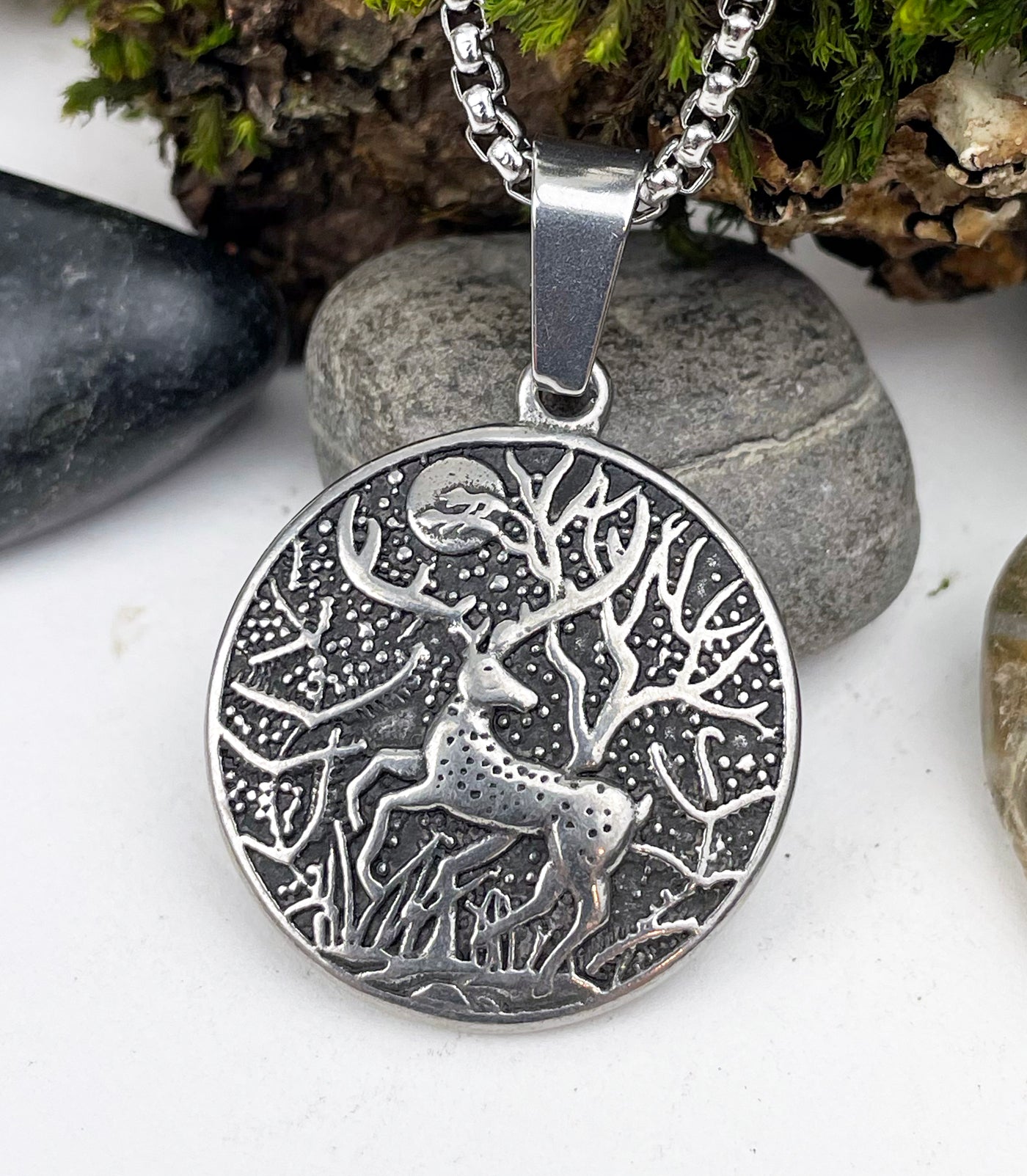 Celtic White Stag and Winter Moon Stainless Steel Pendant