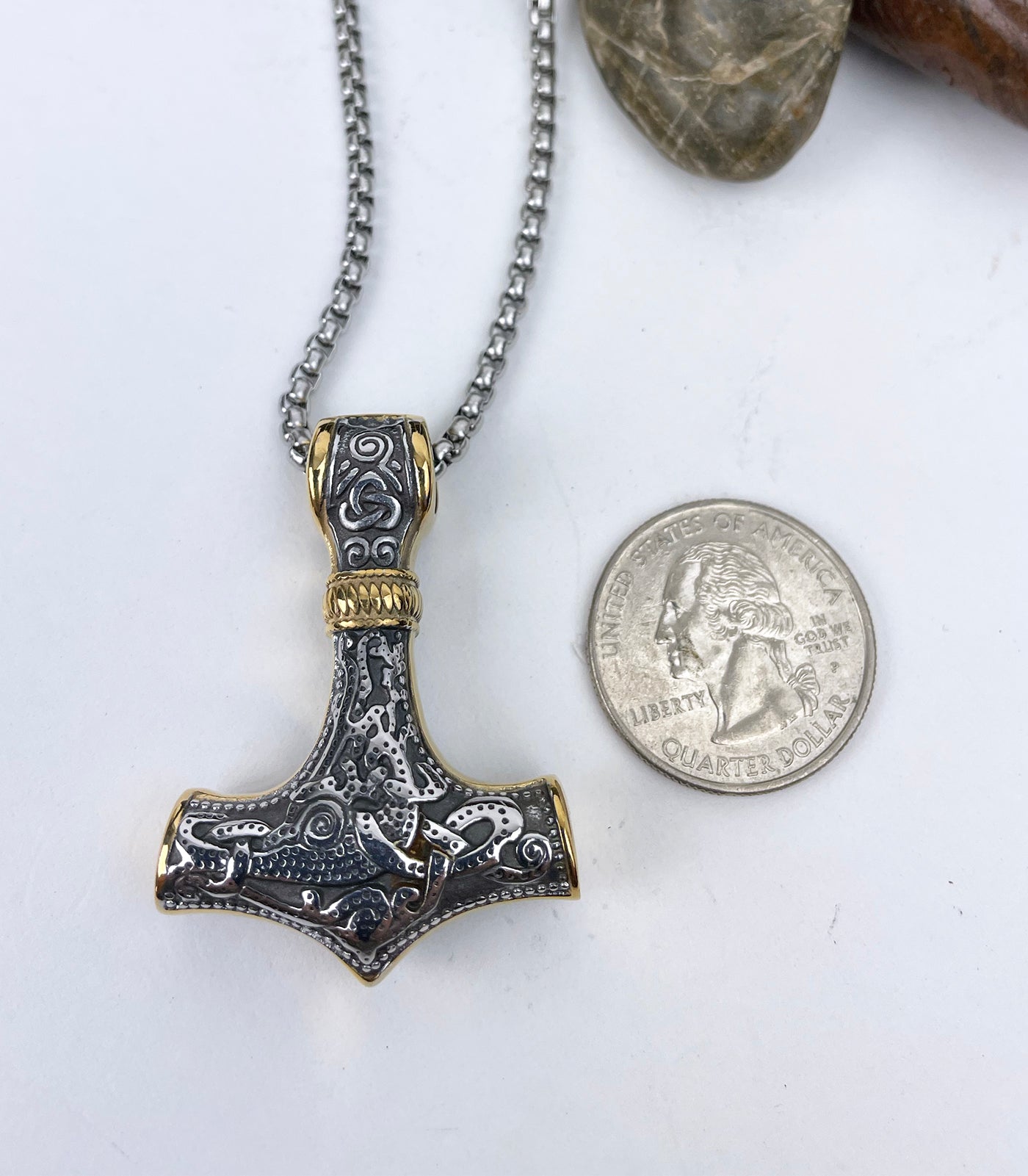 Thor's Hammer with Gold Trim Accents Stainless Steel Pendant