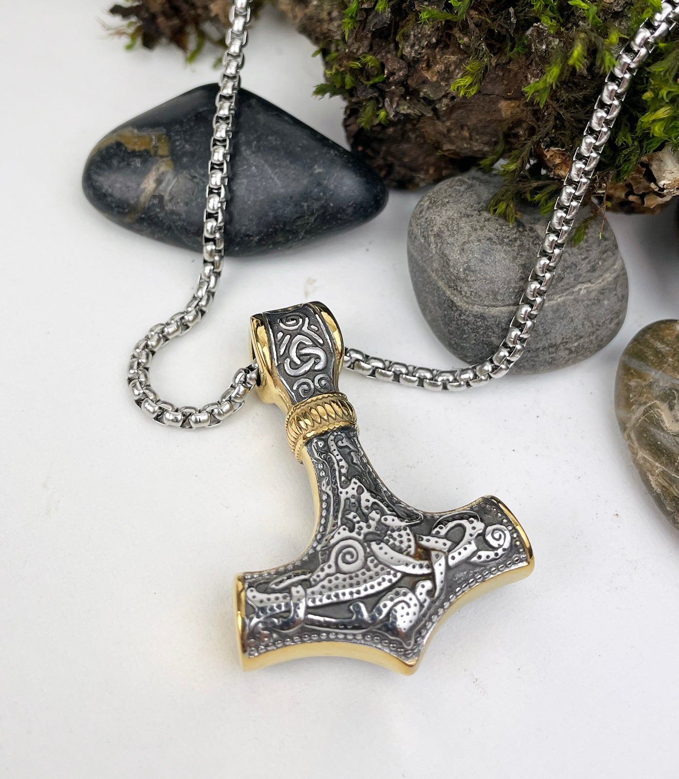 Thor's Hammer with Gold Trim Accents Stainless Steel Pendant