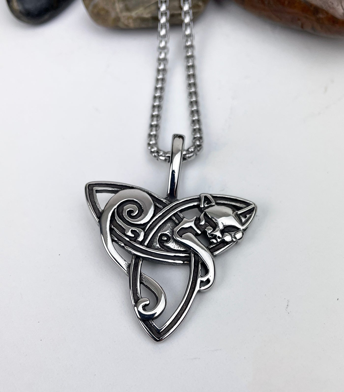 Celtic Cat with Trinity Knot Stainless Steel Pendant