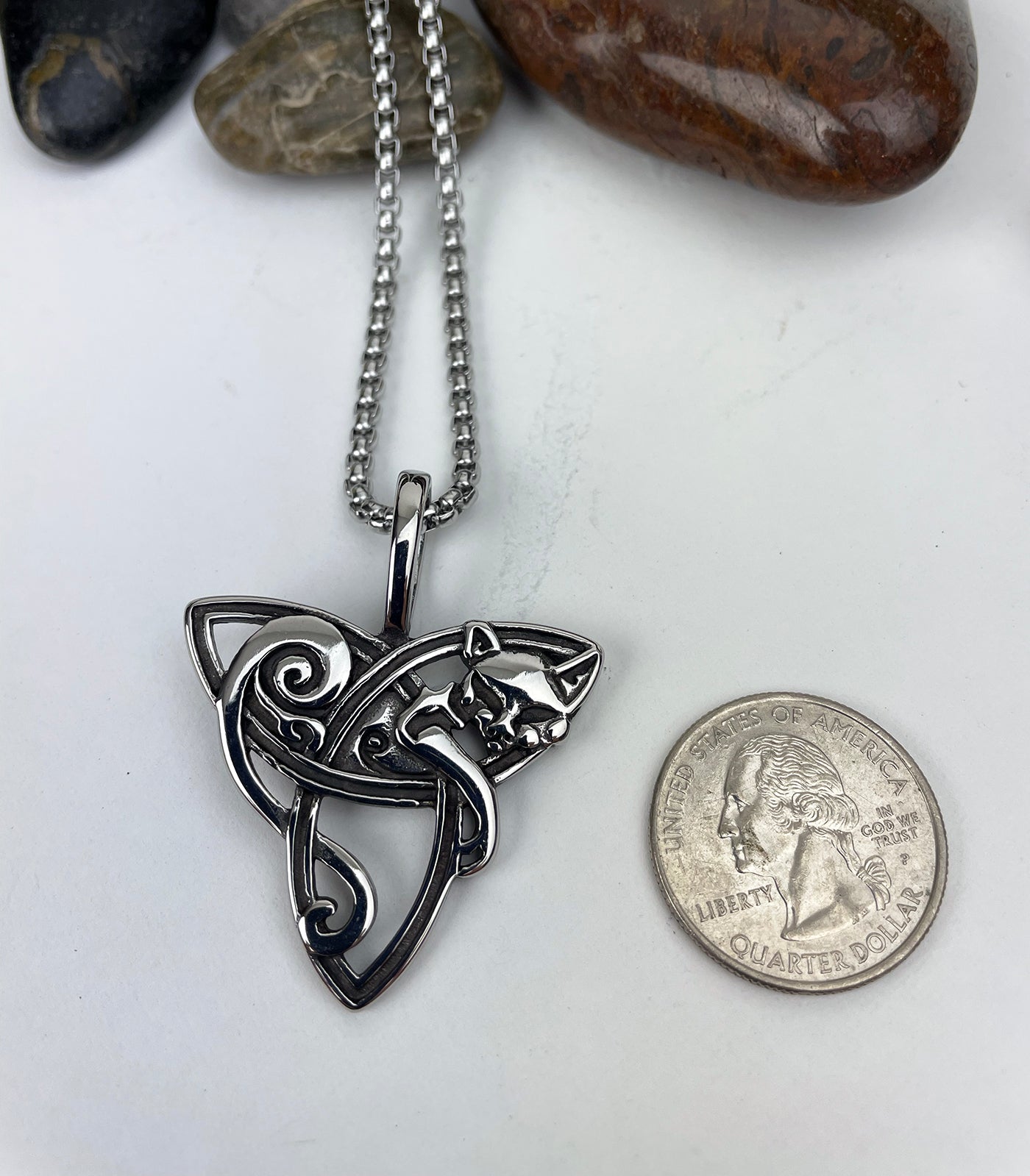Celtic Cat with Trinity Knot Stainless Steel Pendant