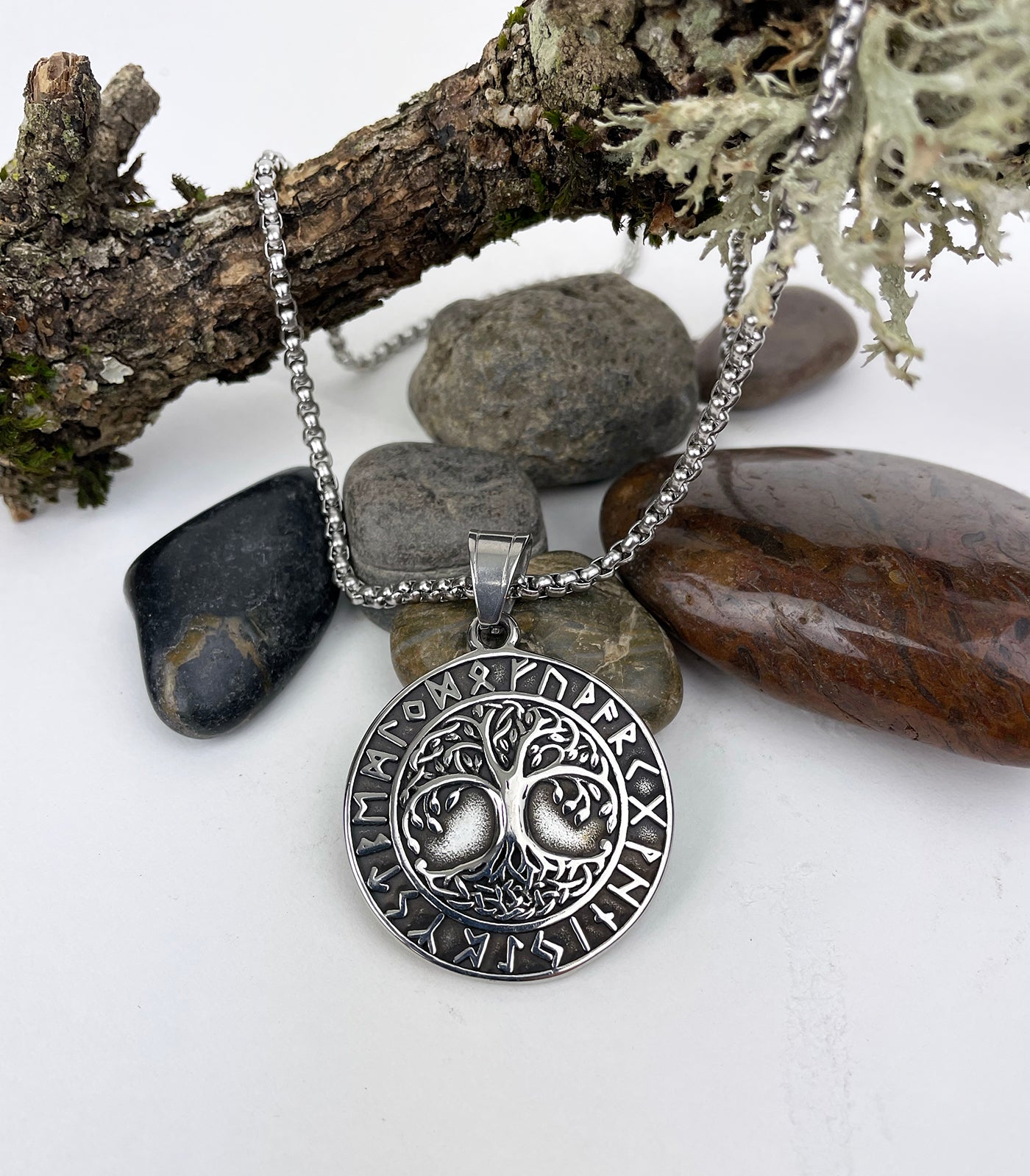 Tree of Life in Circle of Rune Symbols Stainless Steel Pendant