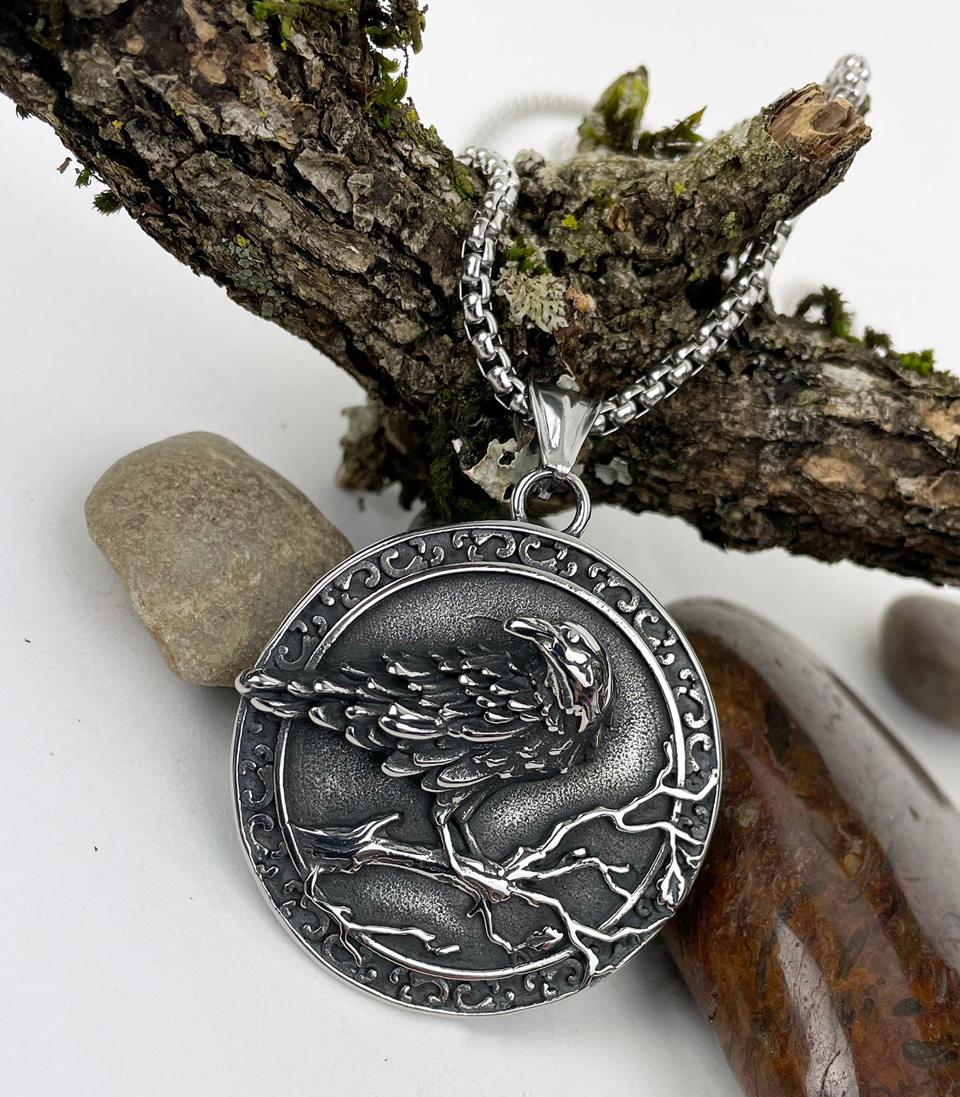 Celtic Raven on Perch with Aegishjalmur Stainless Steel Pendant