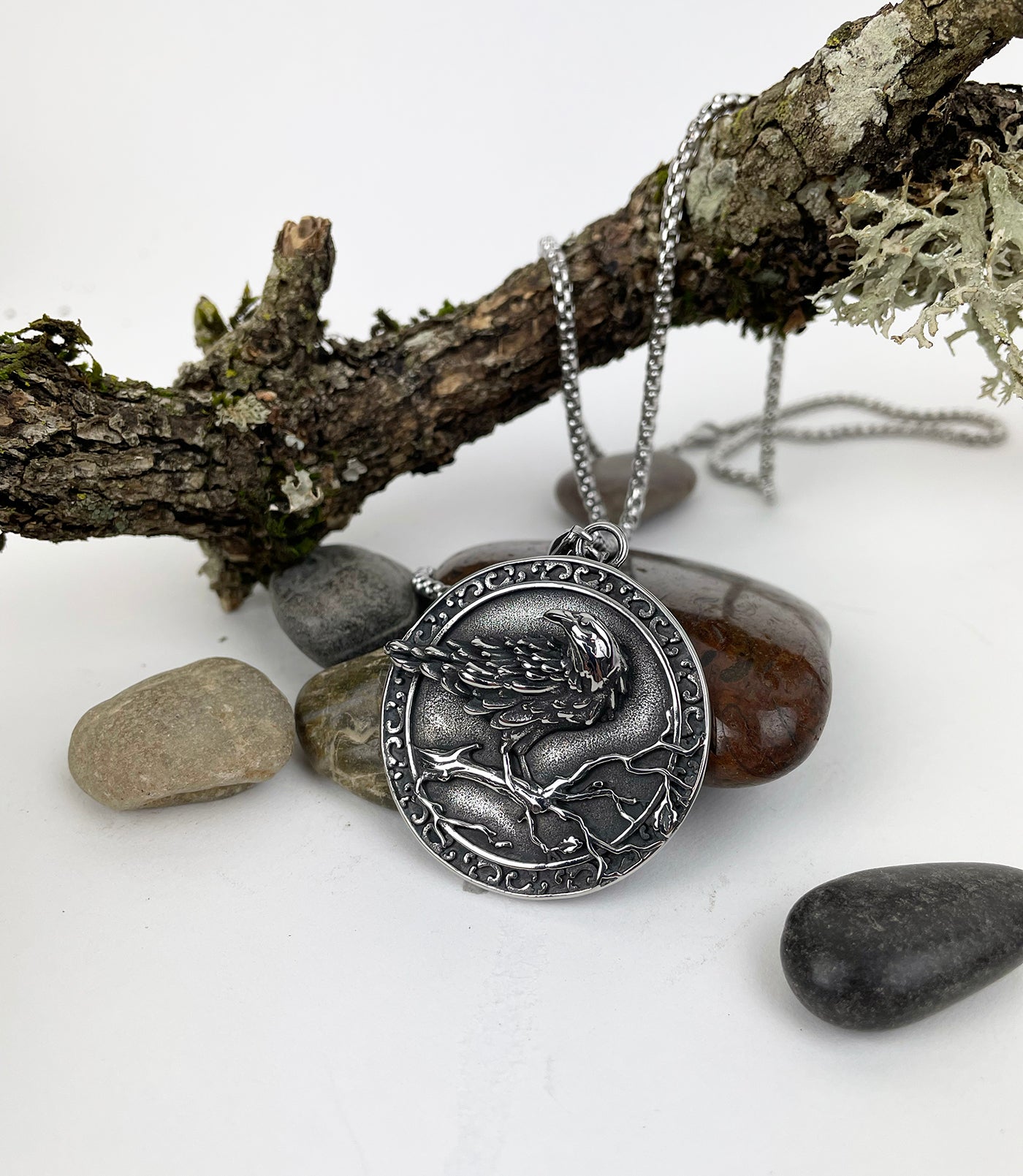 Celtic Raven on Perch with Aegishjalmur Stainless Steel Pendant
