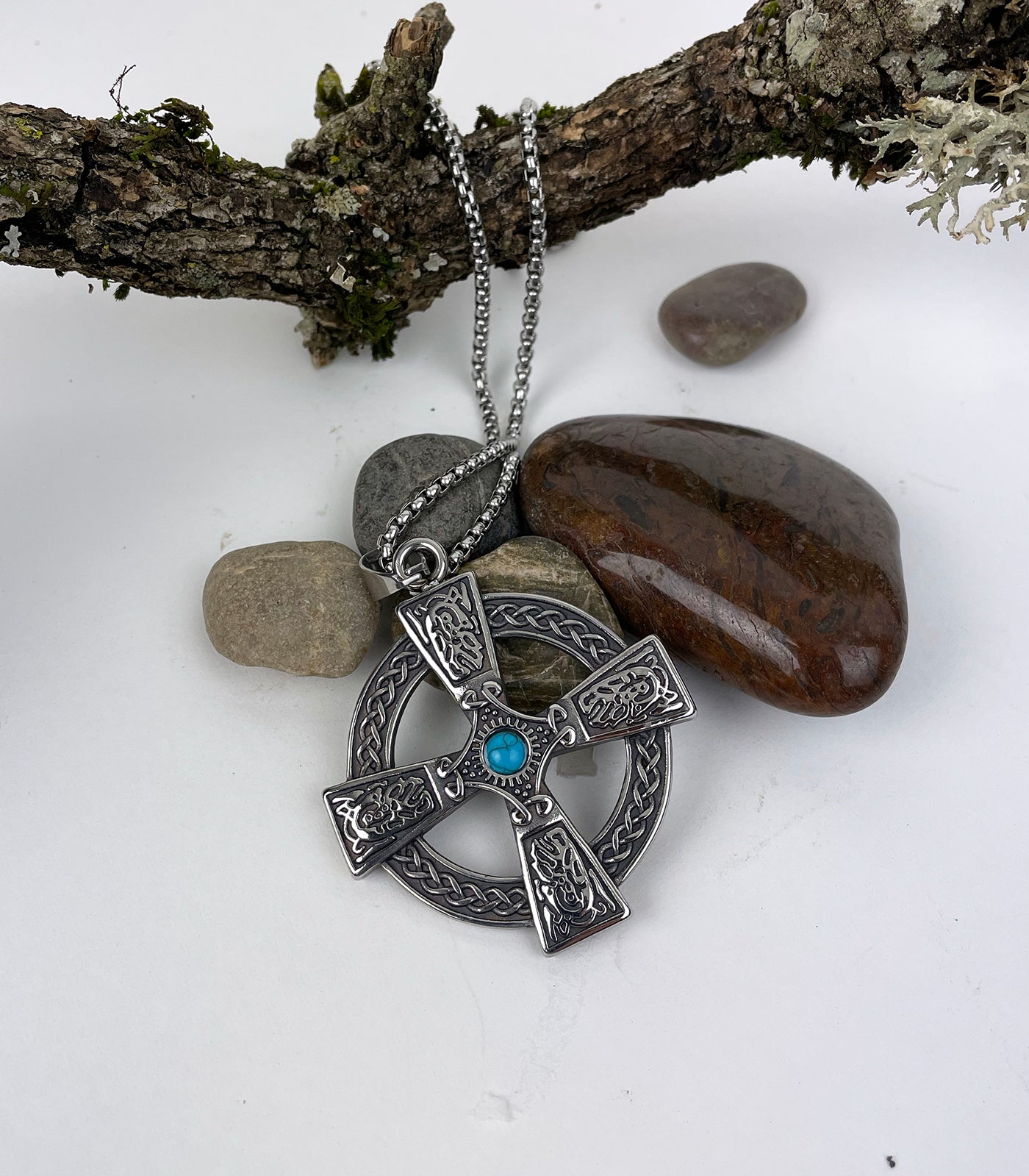 Celtic Cross with Turquoise Center Stainless Steel Pendants