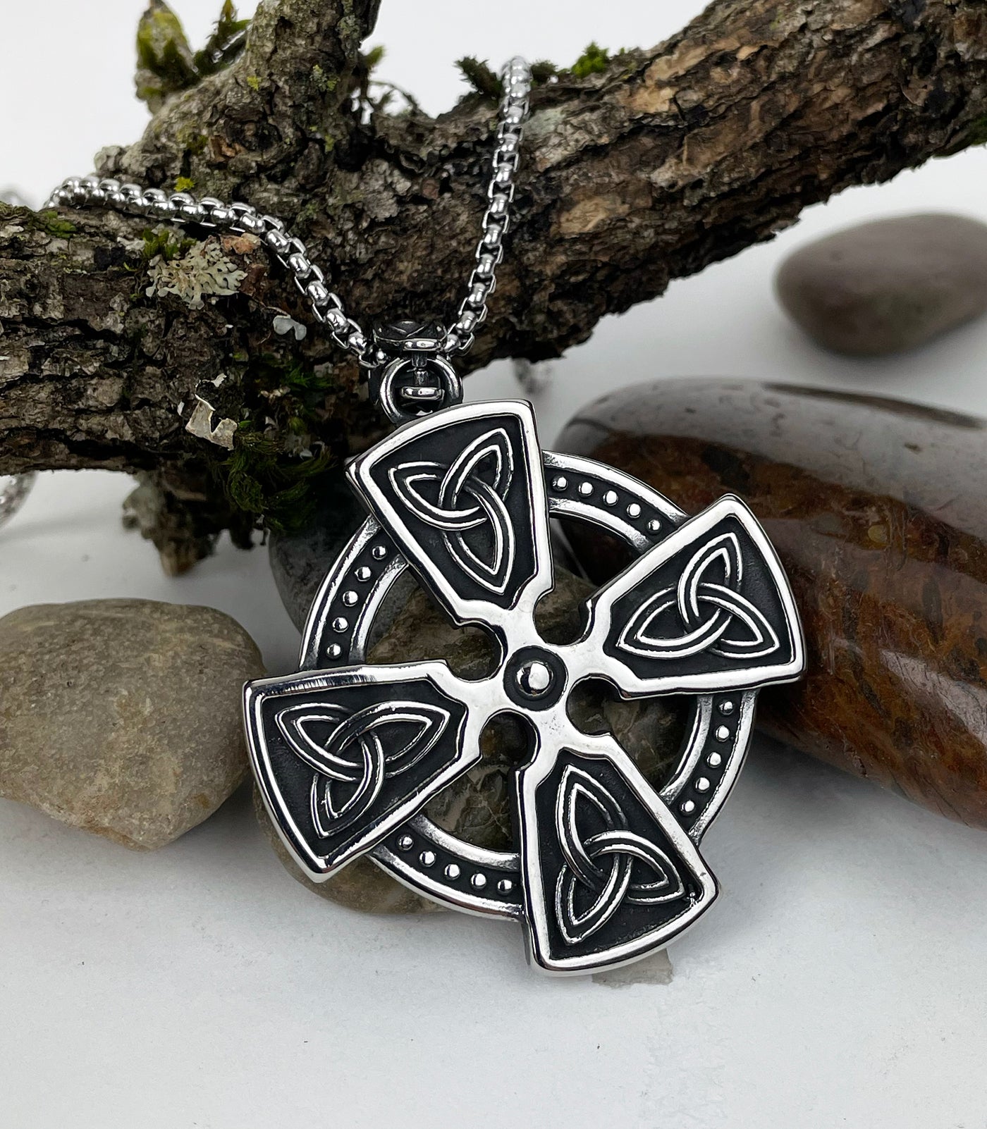 Square Celtic Cross with Trinity Knots Stainless Steel Pendant