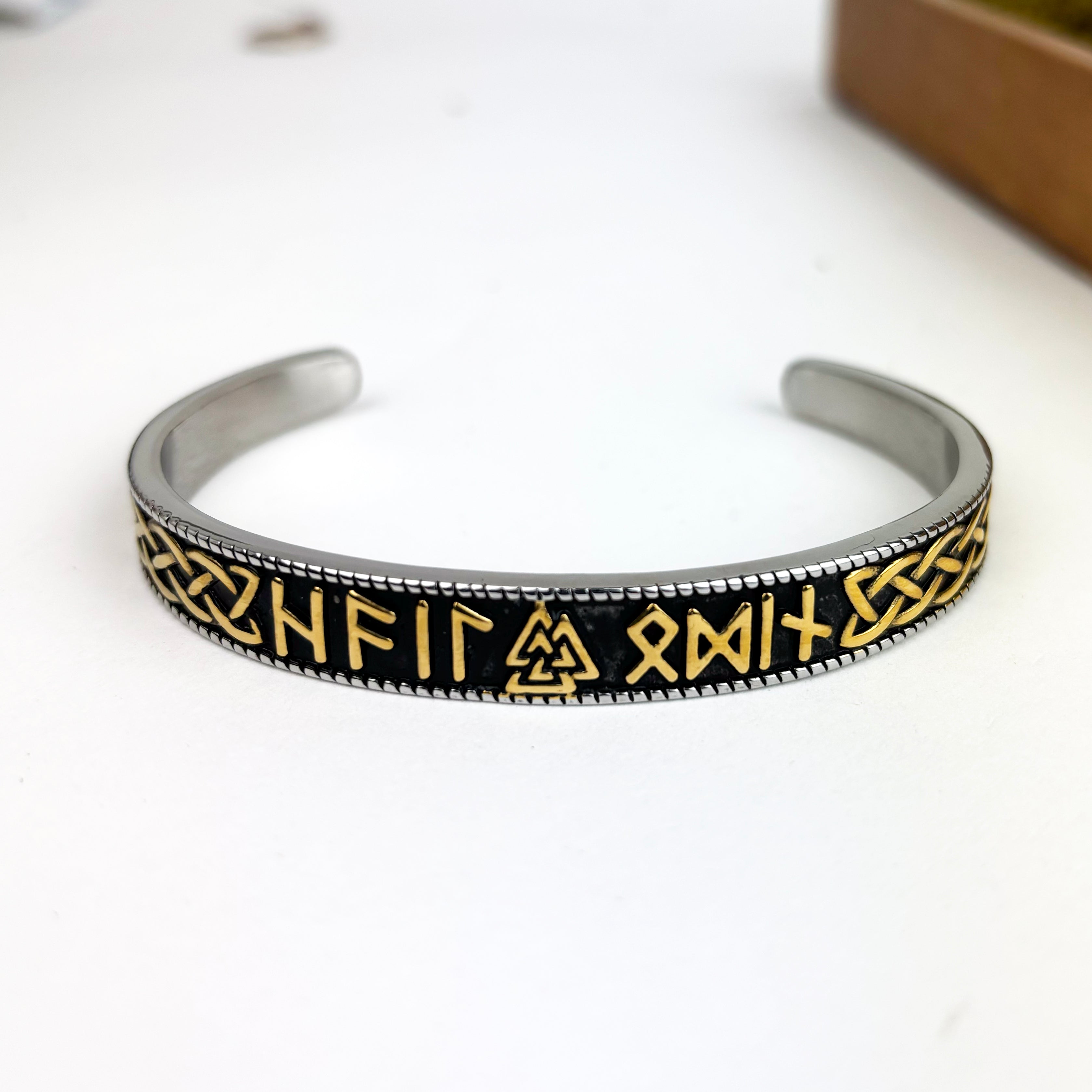 Men's Stainless Steel Cuff Bracelet Viking Rune in Gold Details